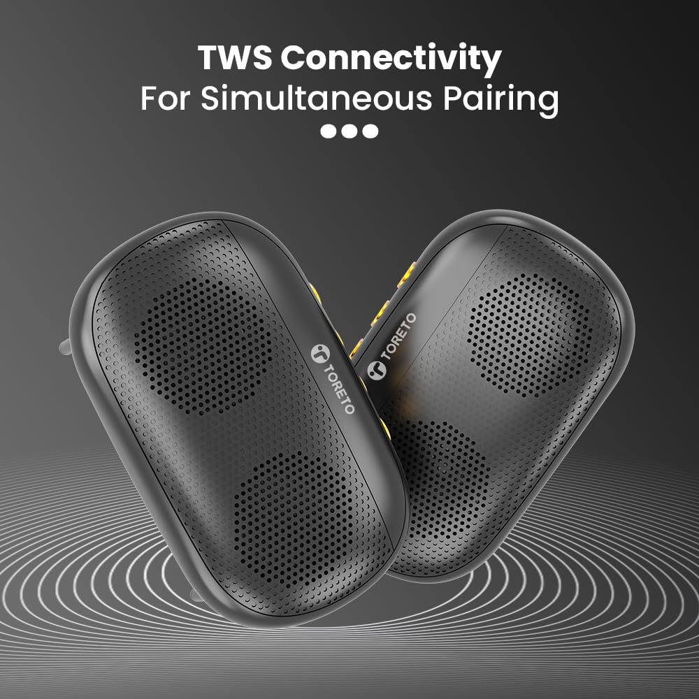 Premsons® Toreto Bang Mini 6W Portable Bluetooth 5.0 Speaker – Dual Audio Drivers, TWS Function, HD Sound, Built-in Mic, Fast Charging with Type-C Cable – Black