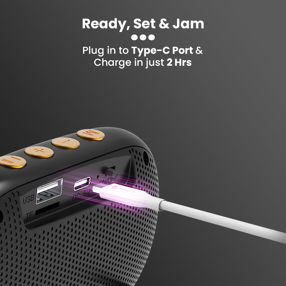 Premsons® Toreto Bang Mini 6W Portable Bluetooth 5.0 Speaker – Dual Audio Drivers, TWS Function, HD Sound, Built-in Mic, Fast Charging with Type-C Cable – Black