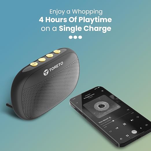 Premsons® Toreto Bang Mini 6W Portable Bluetooth 5.0 Speaker – Dual Audio Drivers, TWS Function, HD Sound, Built-in Mic, Fast Charging with Type-C Cable – Black