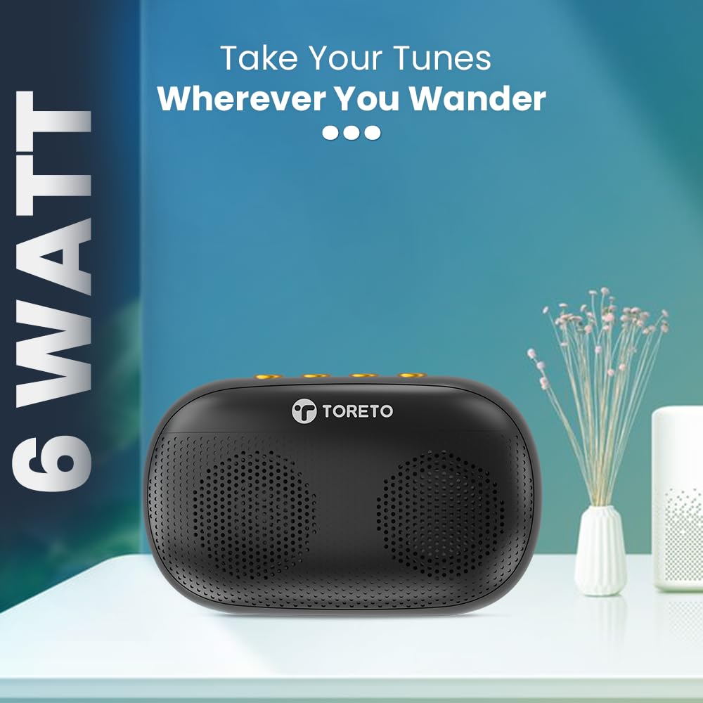 Premsons® Toreto Bang Mini 6W Portable Bluetooth 5.0 Speaker – Dual Audio Drivers, TWS Function, HD Sound, Built-in Mic, Fast Charging with Type-C Cable – Black