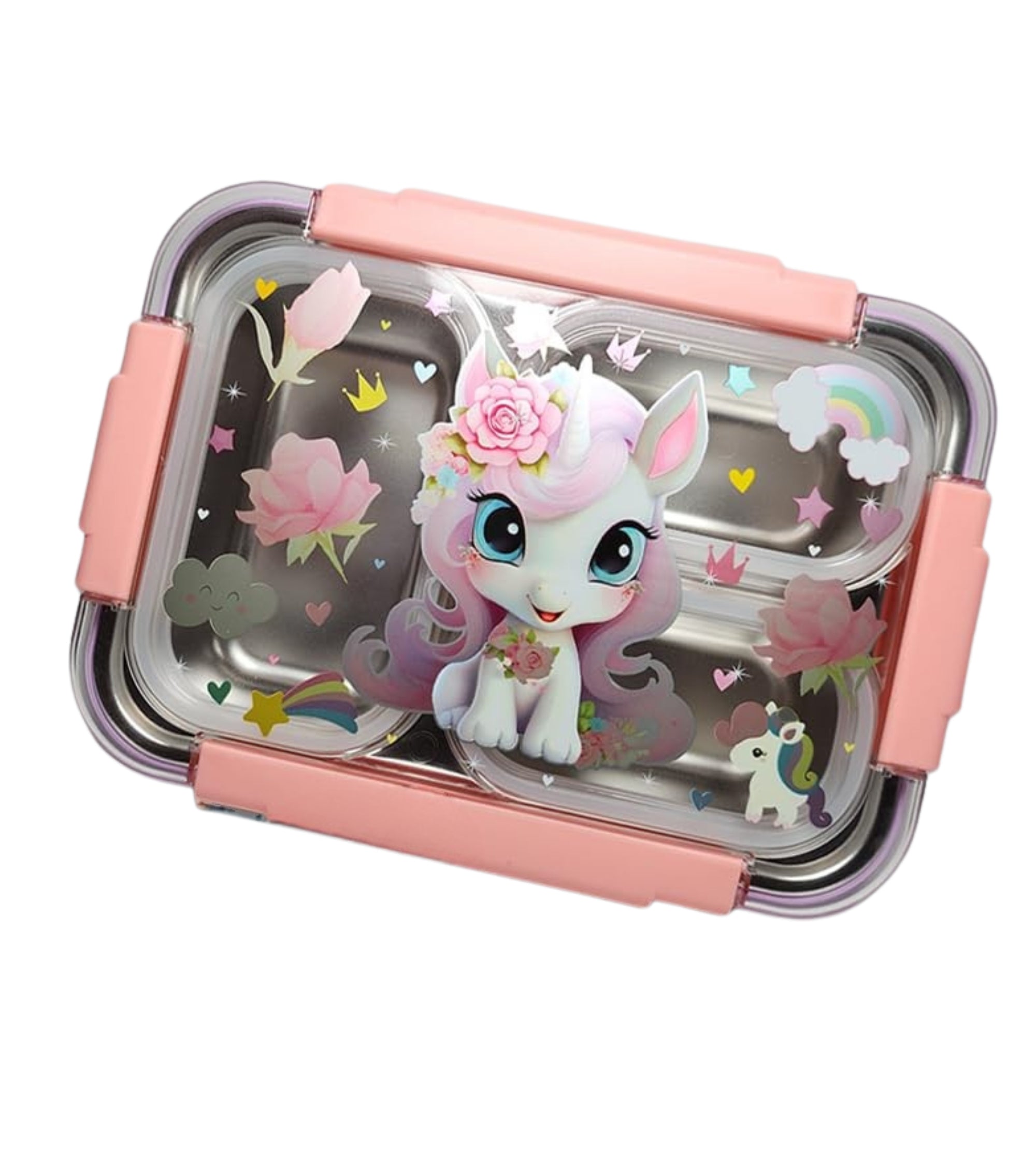 Premsons® Magical Unicorn Kids Bento Lunch Box for Girls – Leakproof Stainless Steel Tiffin Lunchbox with 3 Compartments, Pink BPA-Free Lid, Cute Cartoon Design, Ideal for School, Picnic & Travel