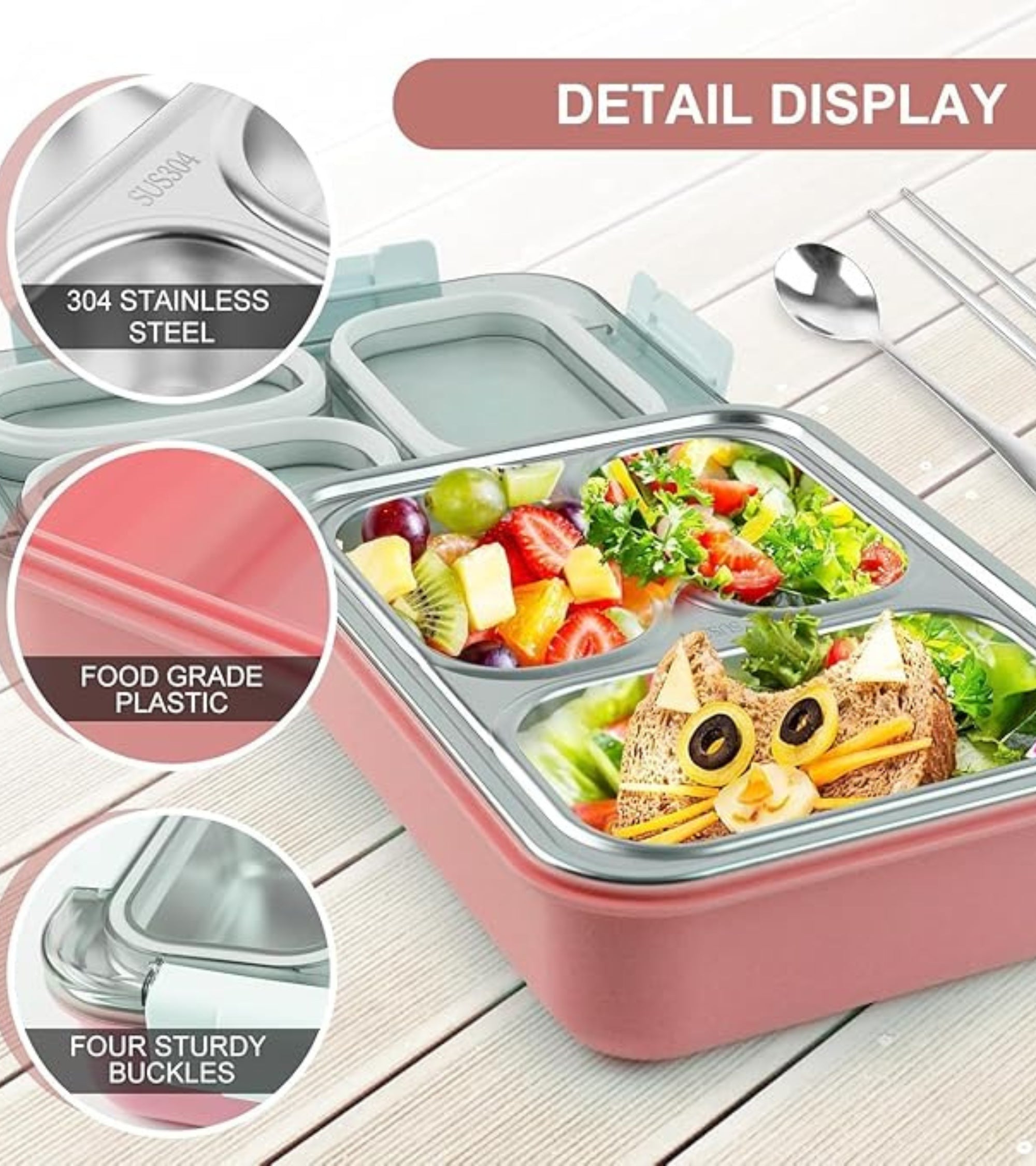 Premsons® Magical Unicorn Kids Bento Lunch Box for Girls – Leakproof Stainless Steel Tiffin Lunchbox with 3 Compartments, Pink BPA-Free Lid, Cute Cartoon Design, Ideal for School, Picnic & Travel
