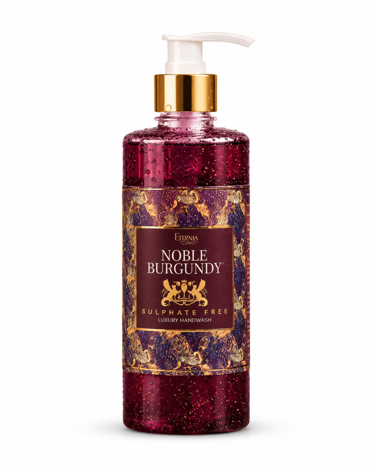 Burgundy sulphate-free handwash bottle with white pump, gold label accents