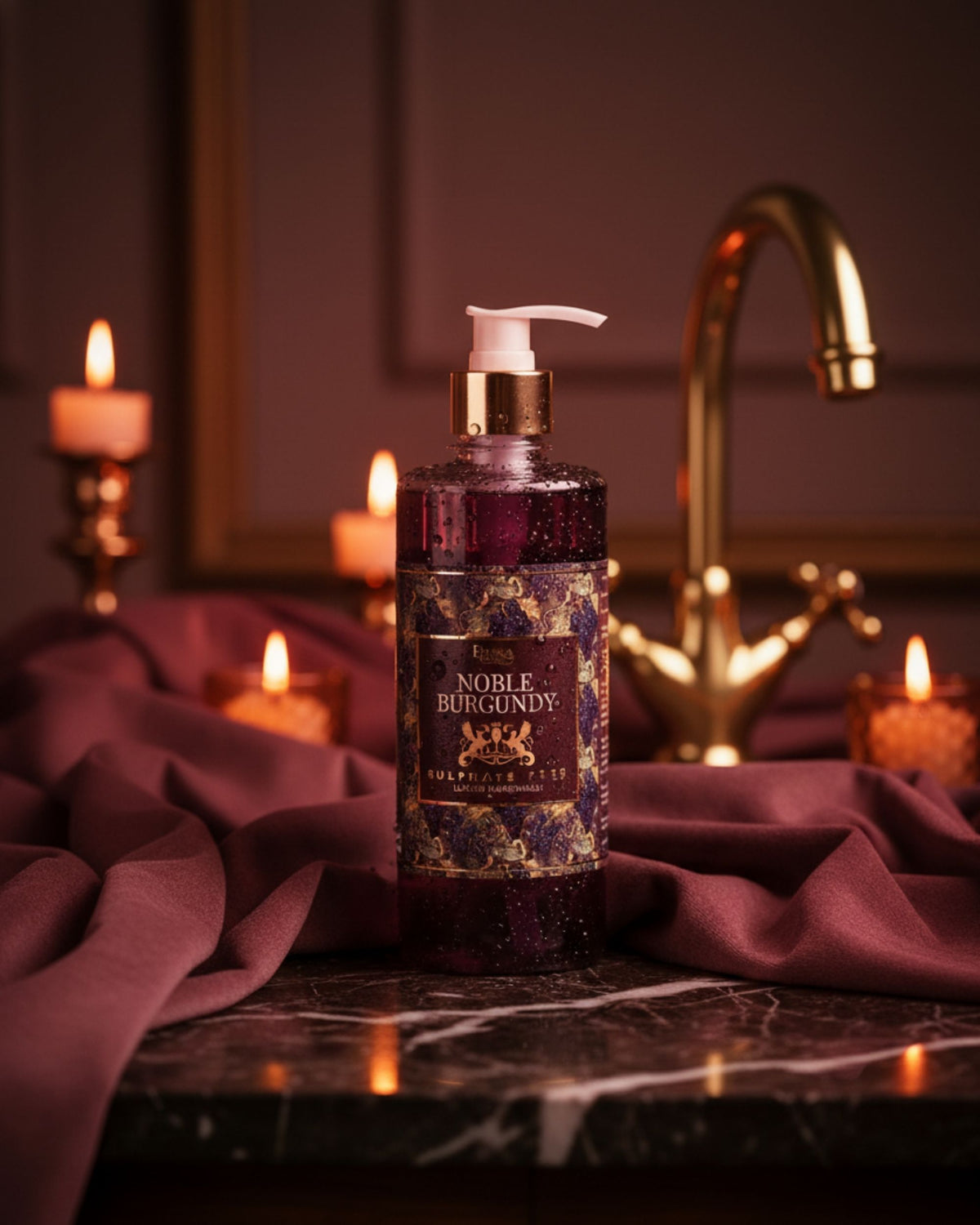 Burgundy luxury handwash bottle with gold pump and Noble Burgundy label