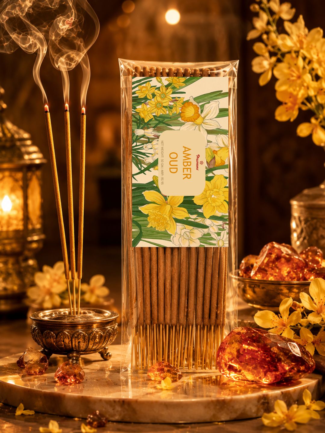 Amber oud agarbatti incense sticks with burning tips and wrapped pack