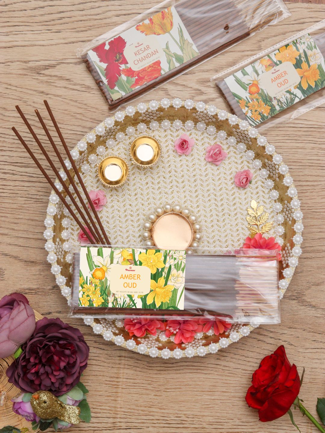 Amber oud agarbatti incense set with pearl tray and incense sticks