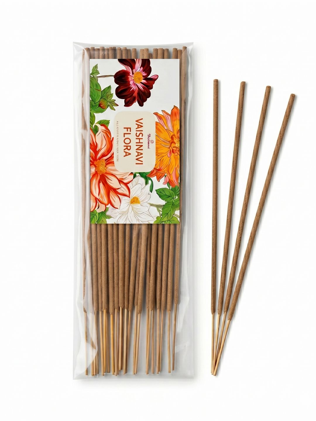 Boxed incense sticks with floral artwork sleeve and bundle of brown sticks