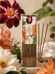 Floral incense sticks pack with printed blossoms and unlit sticks