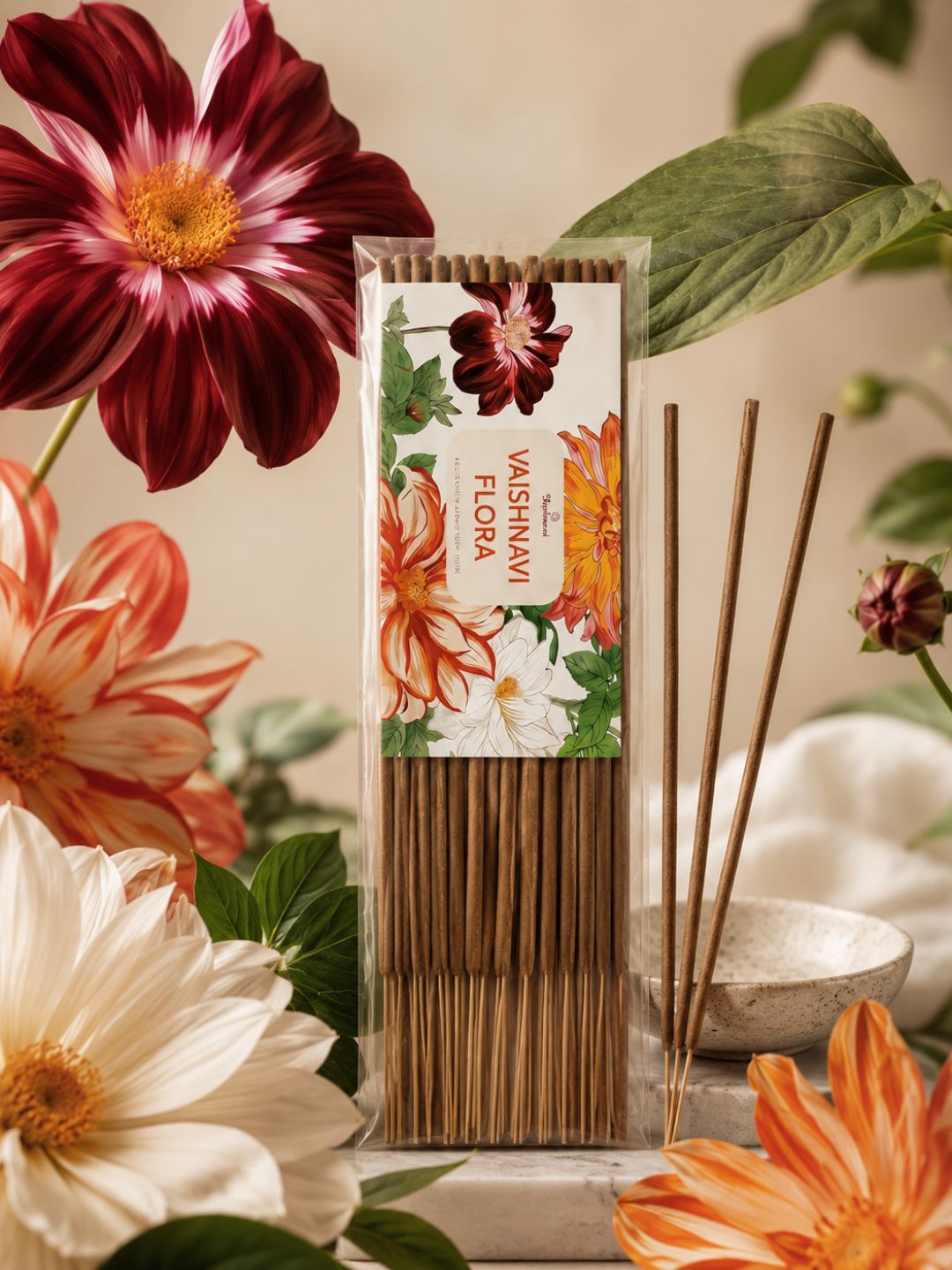 Floral incense sticks in a pack standing among white and red flowers