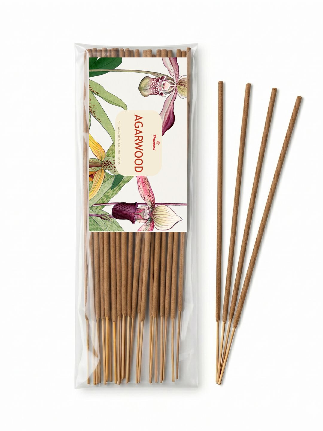 Agarwood incense sticks in clear pack, showing three brown sticks
