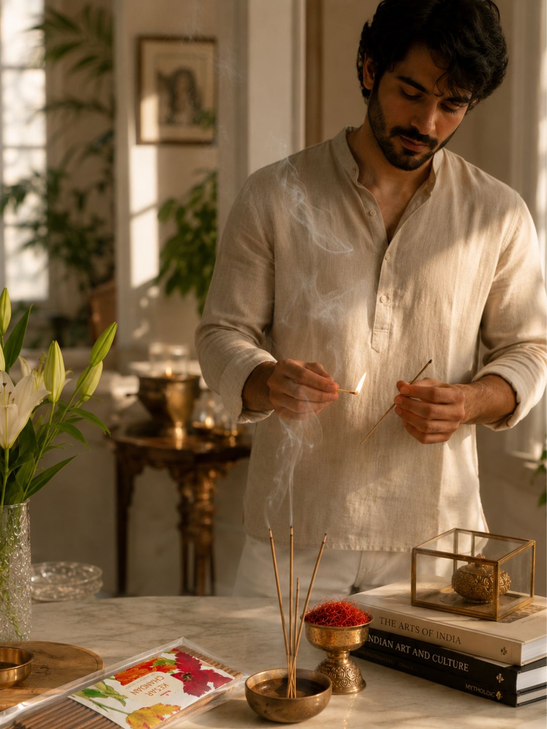 Premsons incense sticks in a brass incense holder on a table during use