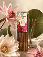 Brahmakamal fragrance incense stick box with pink floral label and multiple sticks