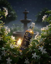 Room spray bottle with gold-toned sprayer and dark purple floral star label