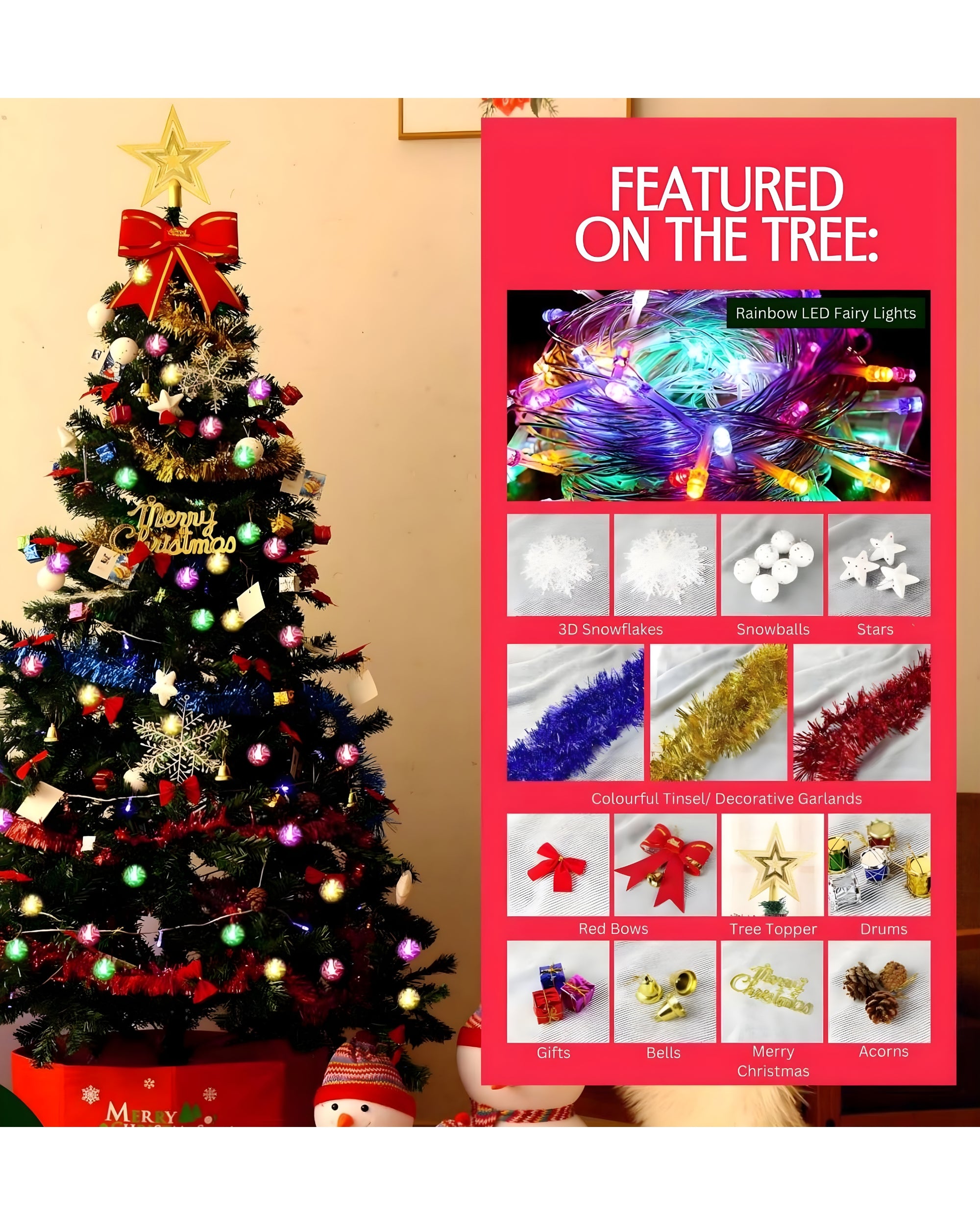 Premsons® 6ft Pre-Decorated Artificial Christmas Tree with Ornaments | Premium Indoor Holiday Tree for Home & Office Décor | Easy Assembly, Reusable