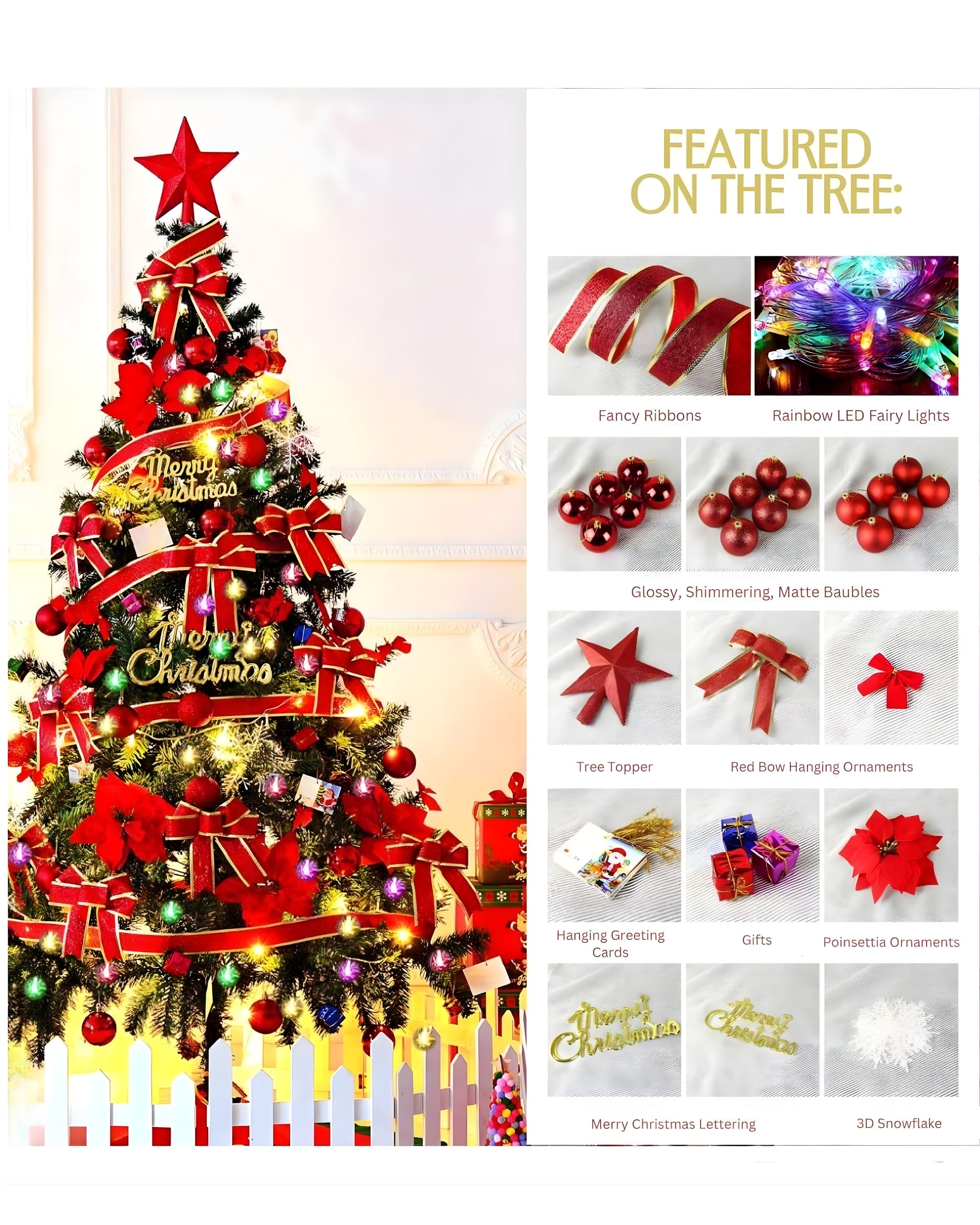 Premsons® 6ft Pre-Decorated Artificial Christmas Tree with Ornaments | Premium Indoor Holiday Tree for Home & Office Décor | Easy Assembly, Reusable