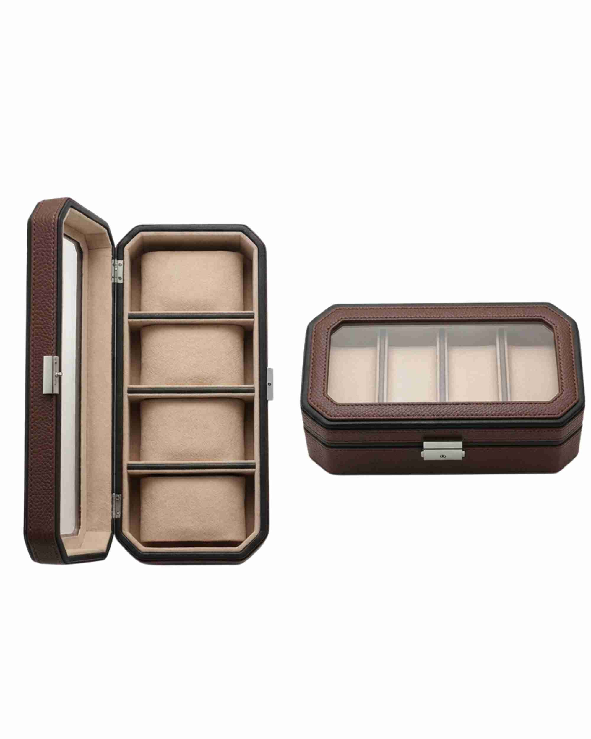 Premsons® Classic Leather Watch Box – 4 Slot Storage Organizer with Clear Top, Velvet Cushions & Secure Closure