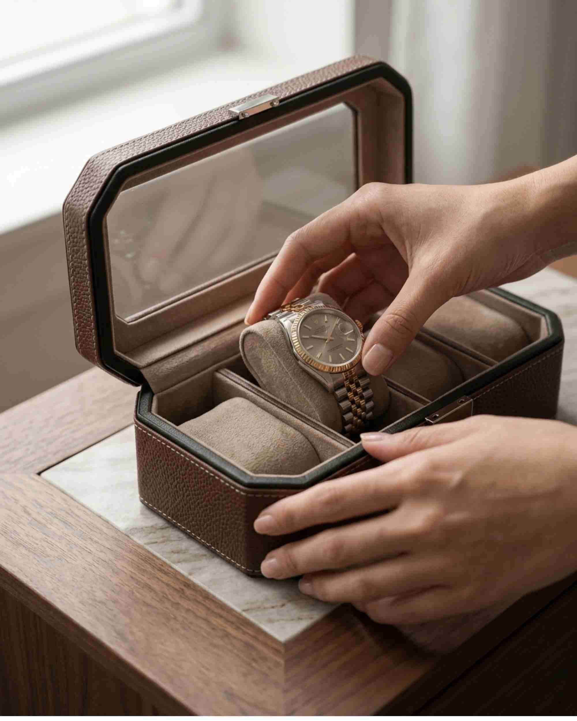 Premsons® Classic Leather Watch Box – 4 Slot Storage Organizer with Clear Top, Velvet Cushions & Secure Closure