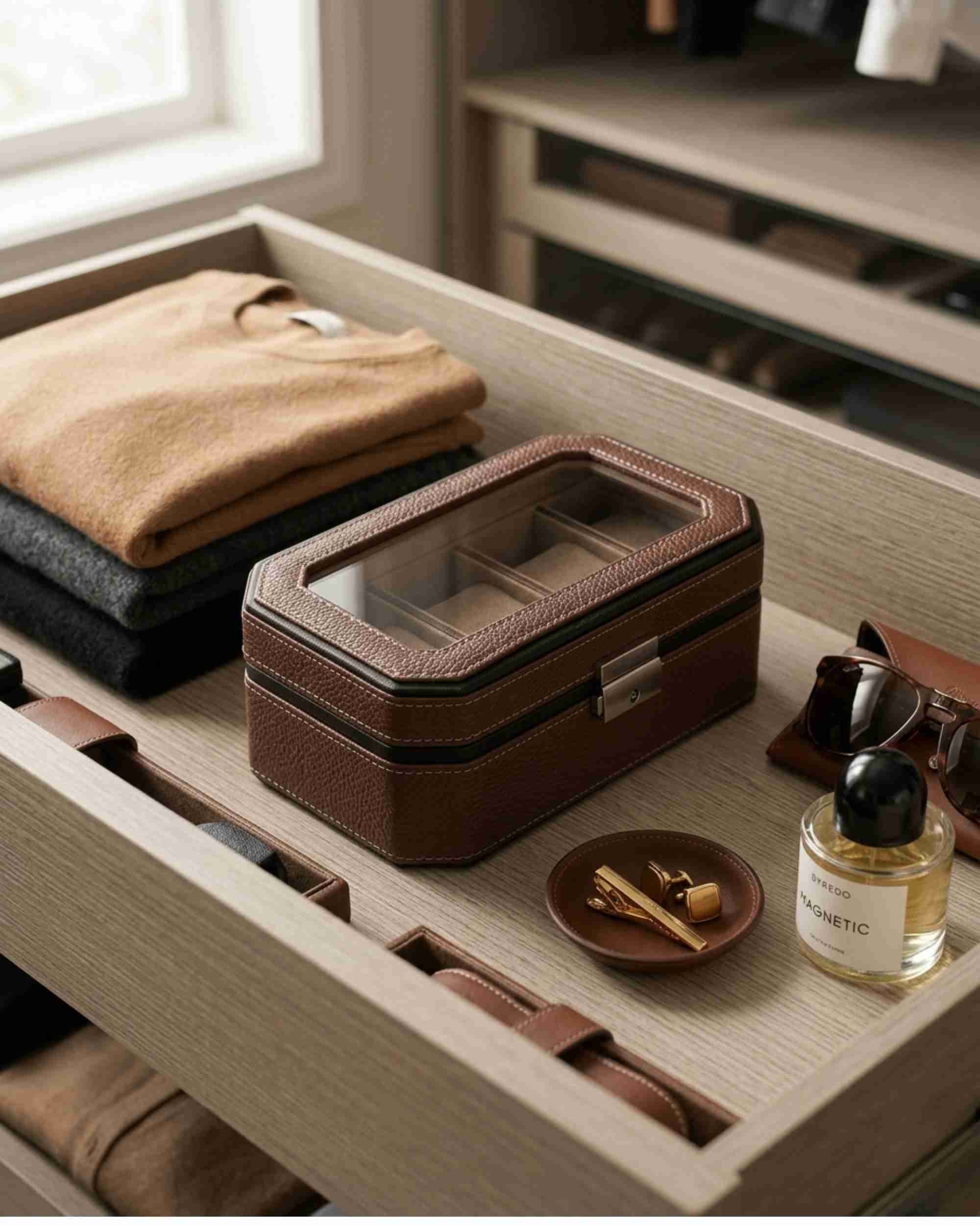 Premsons® Classic Leather Watch Box – 4 Slot Storage Organizer with Clear Top, Velvet Cushions & Secure Closure