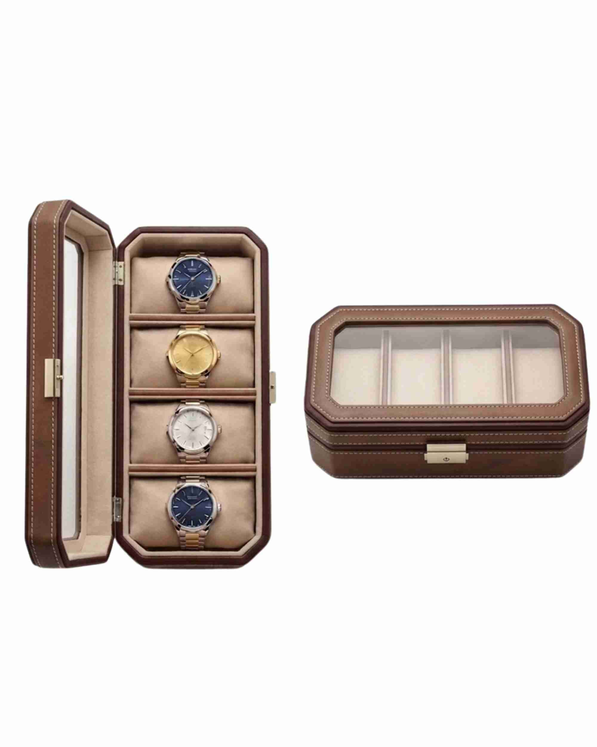 Premsons® Classic Leather Watch Box – 4 Slot Storage Organizer with Clear Top, Velvet Cushions & Secure Closure