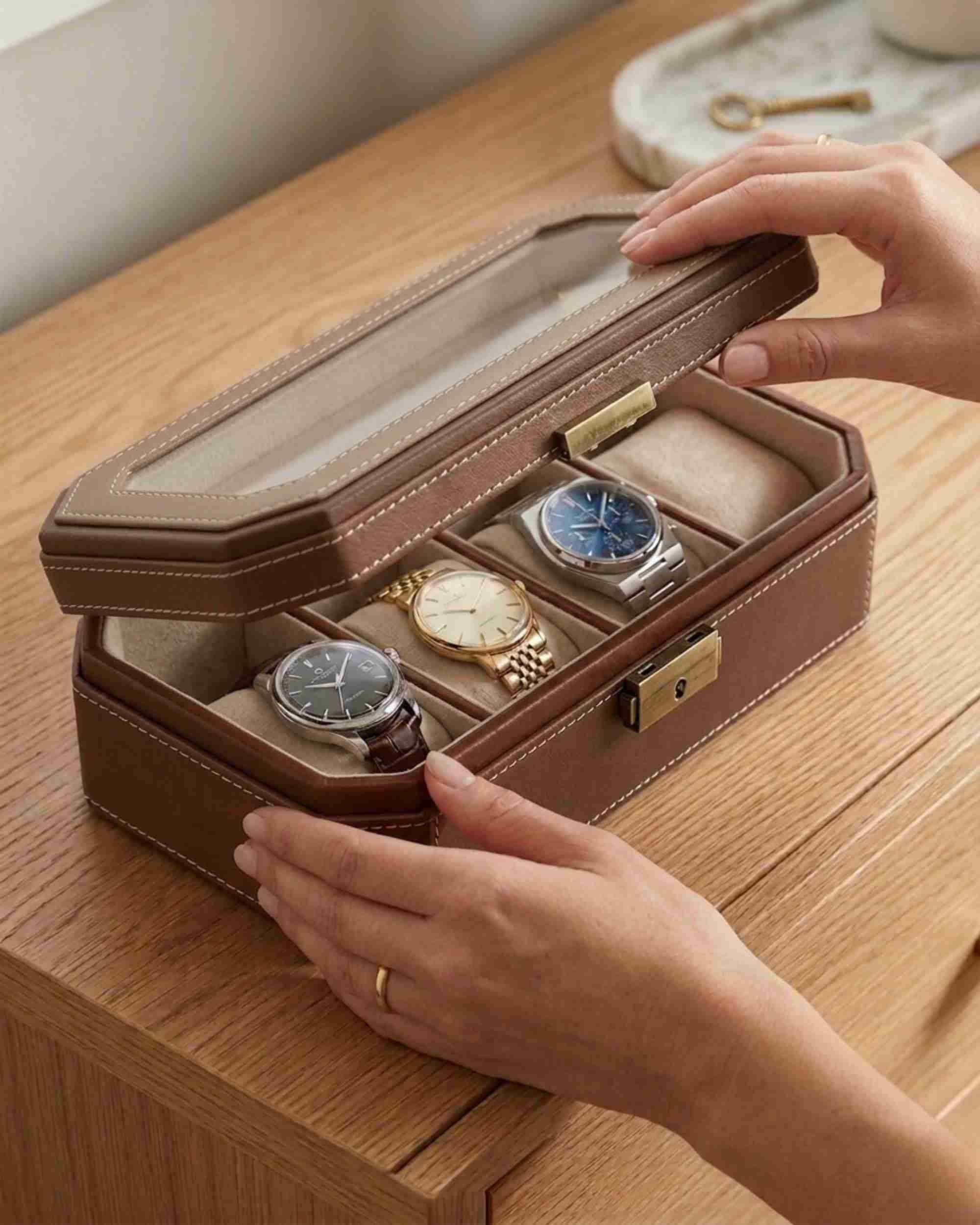 Premsons® Classic Leather Watch Box – 4 Slot Storage Organizer with Clear Top, Velvet Cushions & Secure Closure