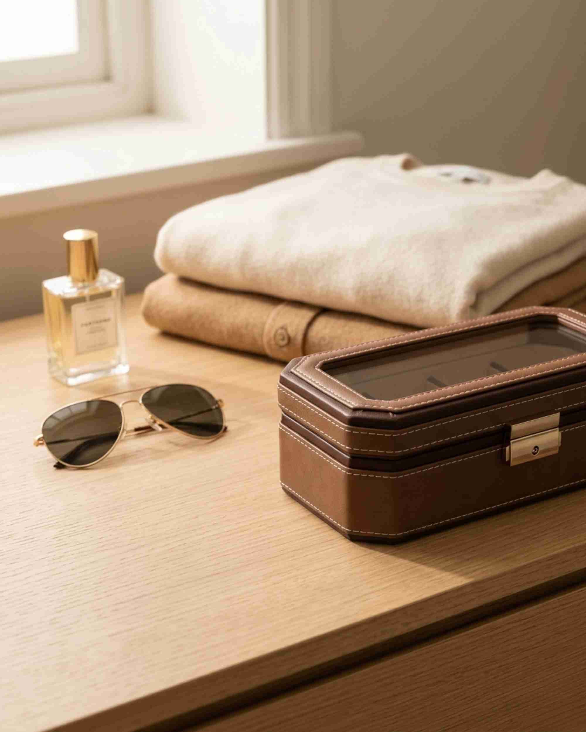 Premsons® Classic Leather Watch Box – 4 Slot Storage Organizer with Clear Top, Velvet Cushions & Secure Closure