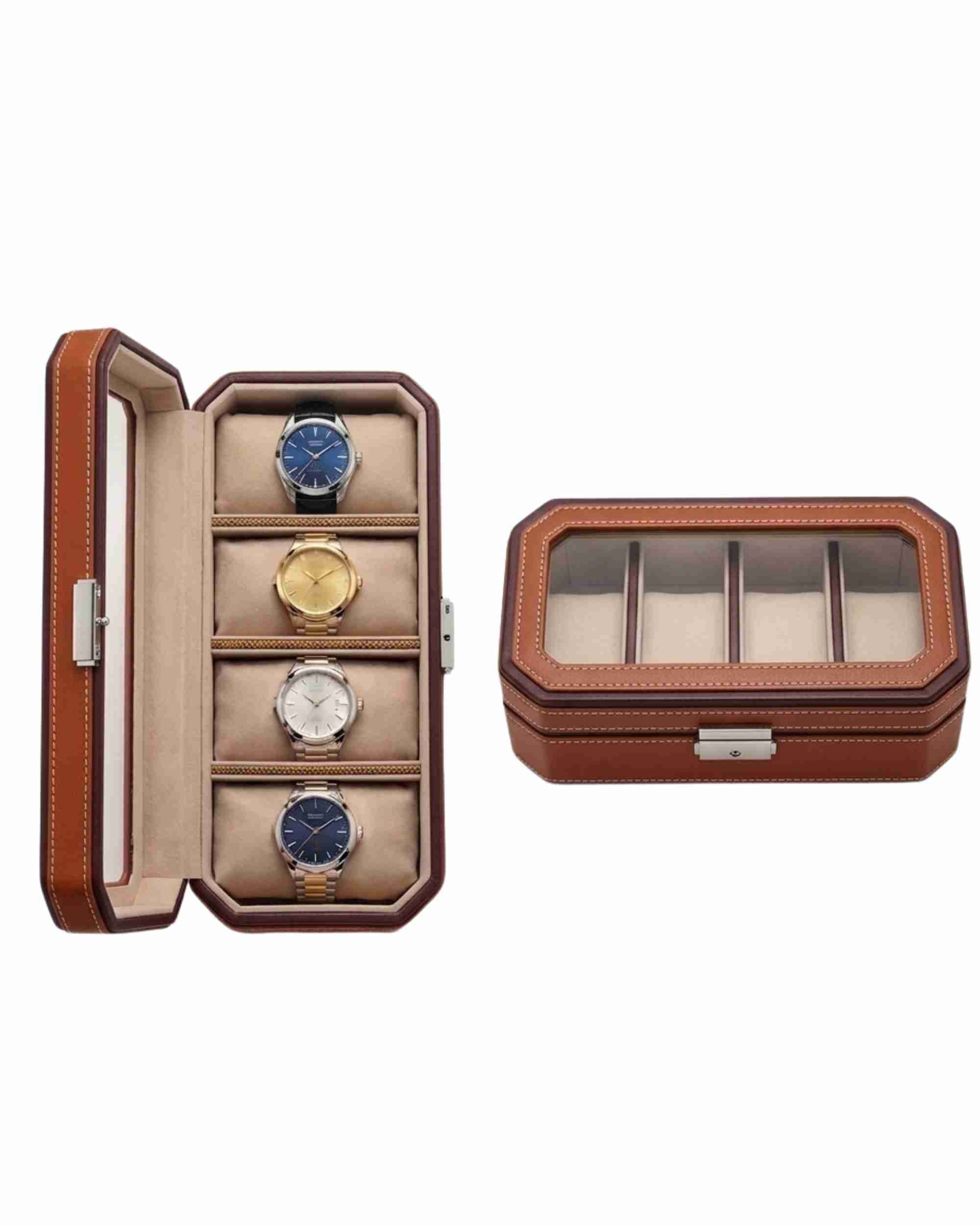 Premsons® Classic Leather Watch Box – 4 Slot Storage Organizer with Clear Top, Velvet Cushions & Secure Closure