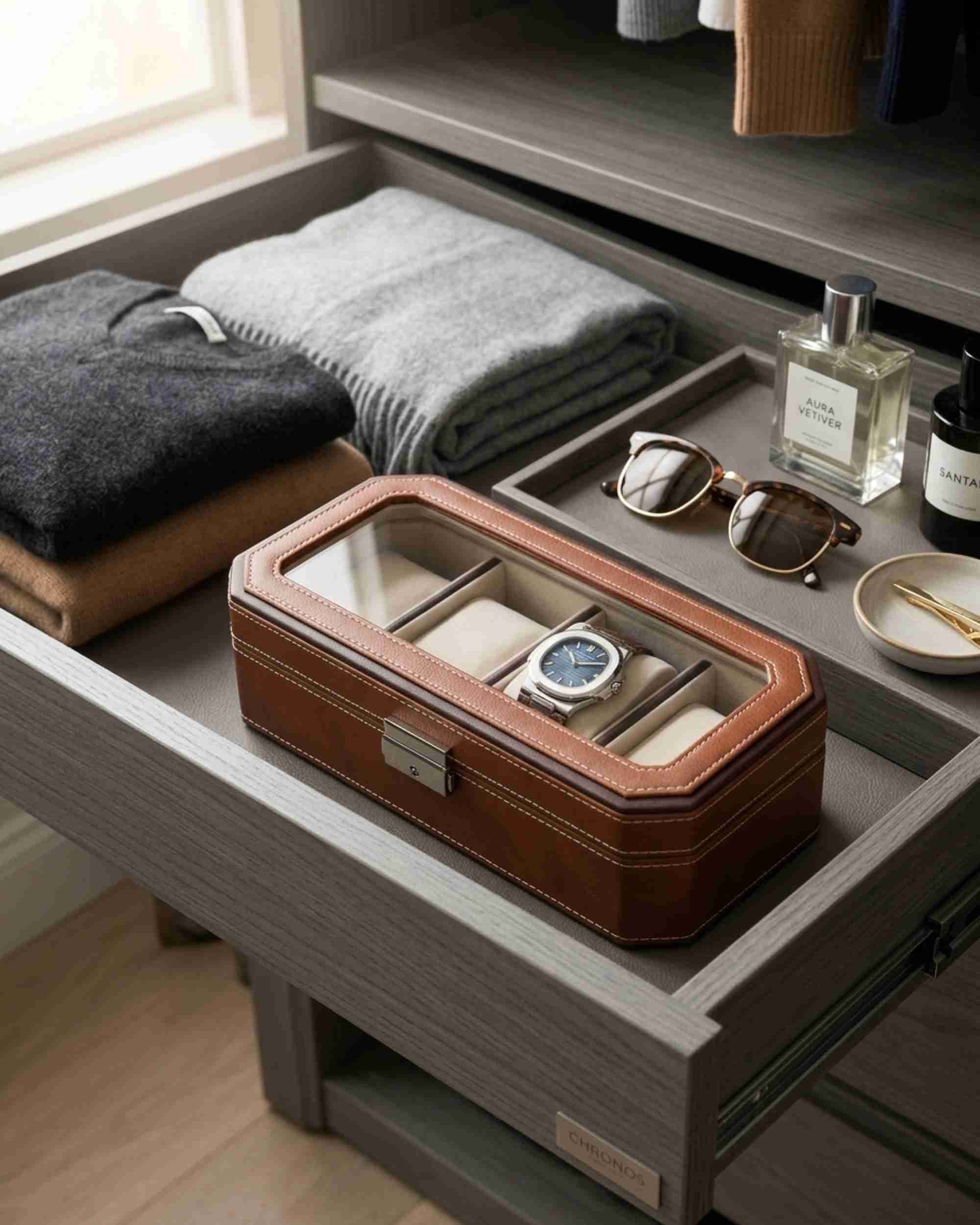 Premsons® Classic Leather Watch Box – 4 Slot Storage Organizer with Clear Top, Velvet Cushions & Secure Closure