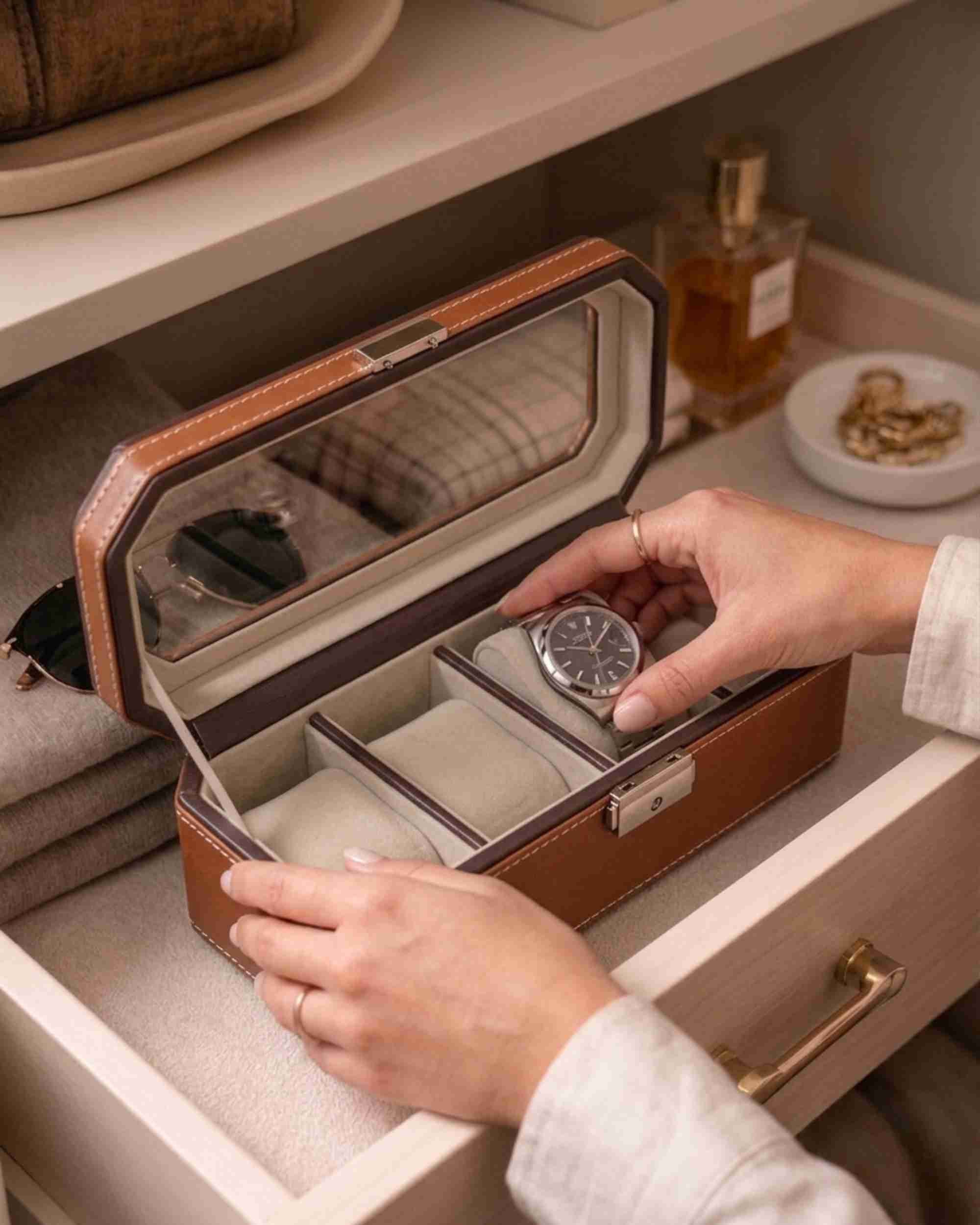 Premsons® Classic Leather Watch Box – 4 Slot Storage Organizer with Clear Top, Velvet Cushions & Secure Closure