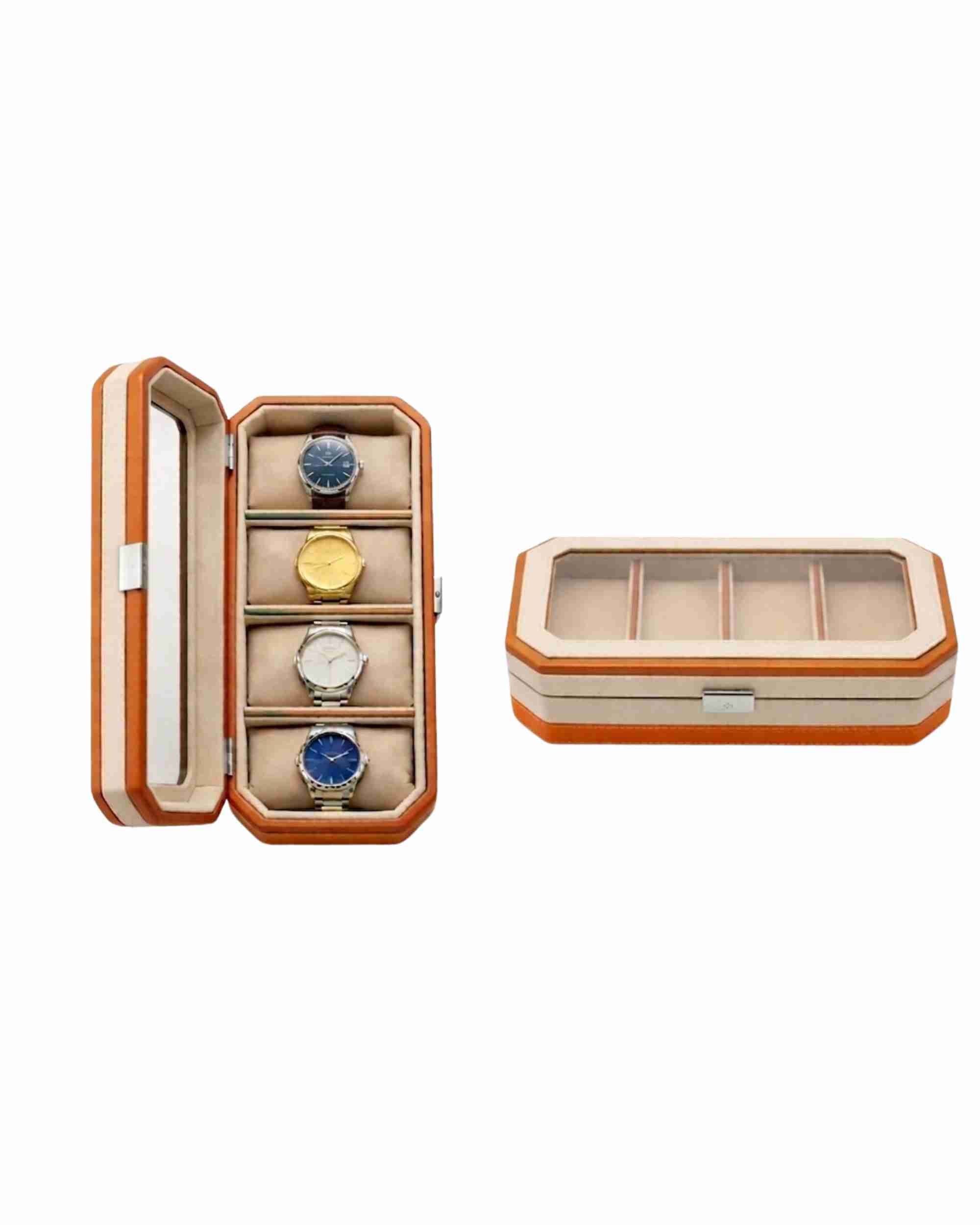 Premsons® Classic Leather Watch Box – 4 Slot Storage Organizer with Clear Top, Velvet Cushions & Secure Closure