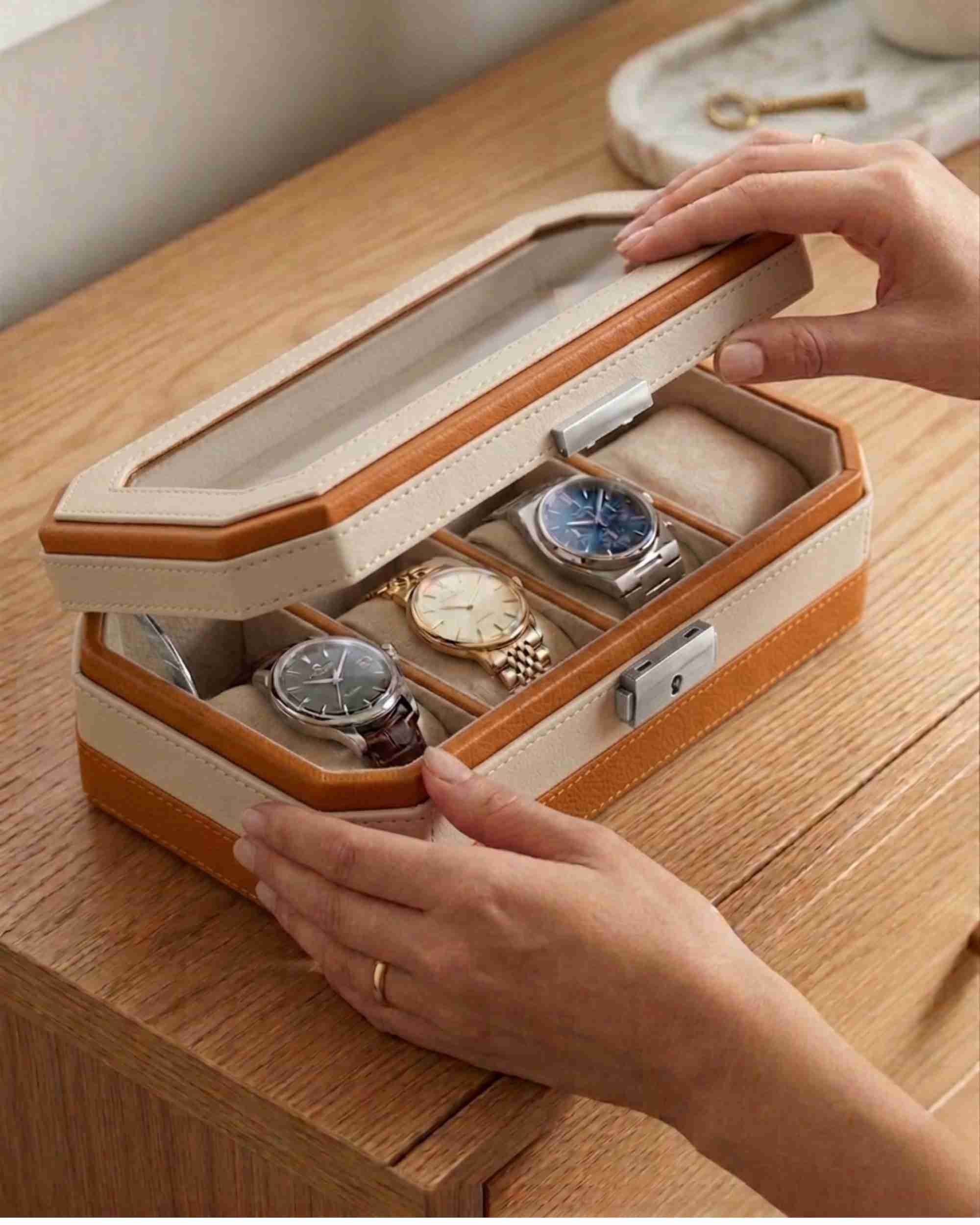 Premsons® Classic Leather Watch Box – 4 Slot Storage Organizer with Clear Top, Velvet Cushions & Secure Closure