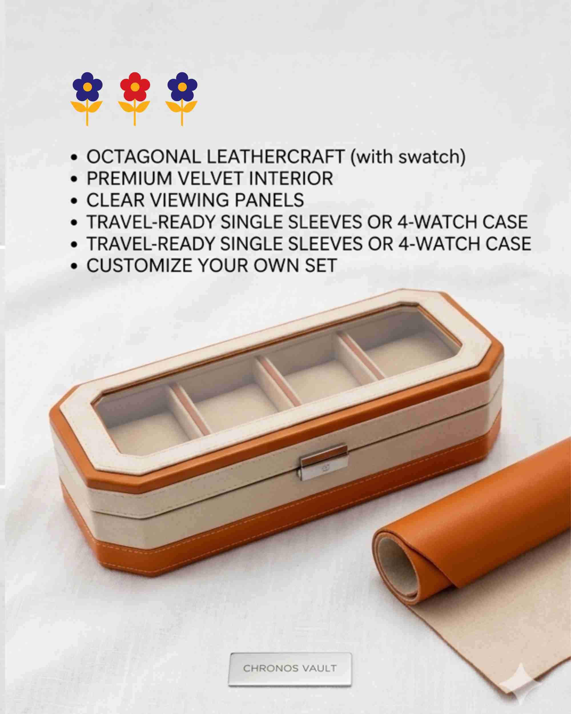 Premsons® Classic Leather Watch Box – 4 Slot Storage Organizer with Clear Top, Velvet Cushions & Secure Closure