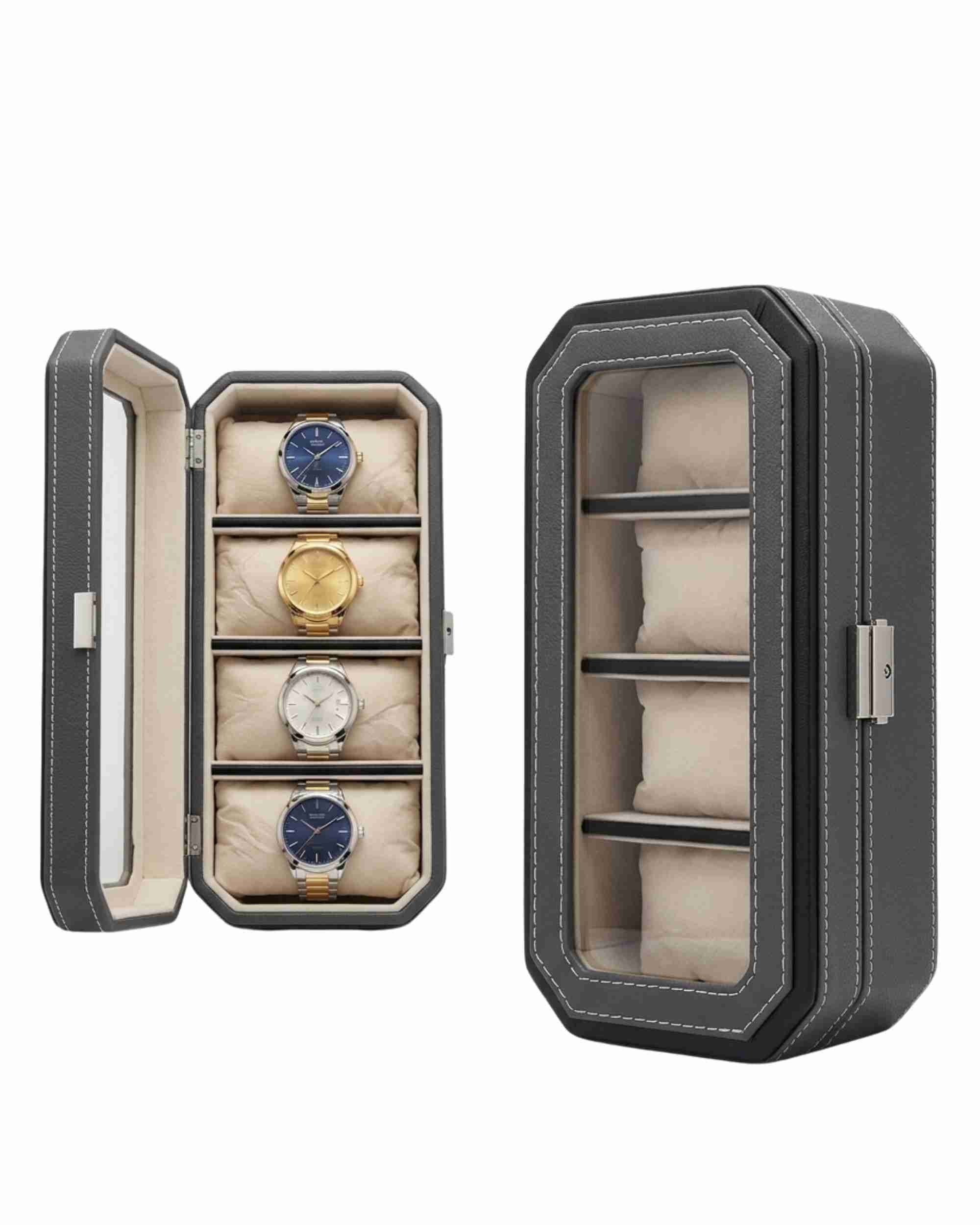 Premsons® Classic Leather Watch Box – 4 Slot Storage Organizer with Clear Top, Velvet Cushions & Secure Closure