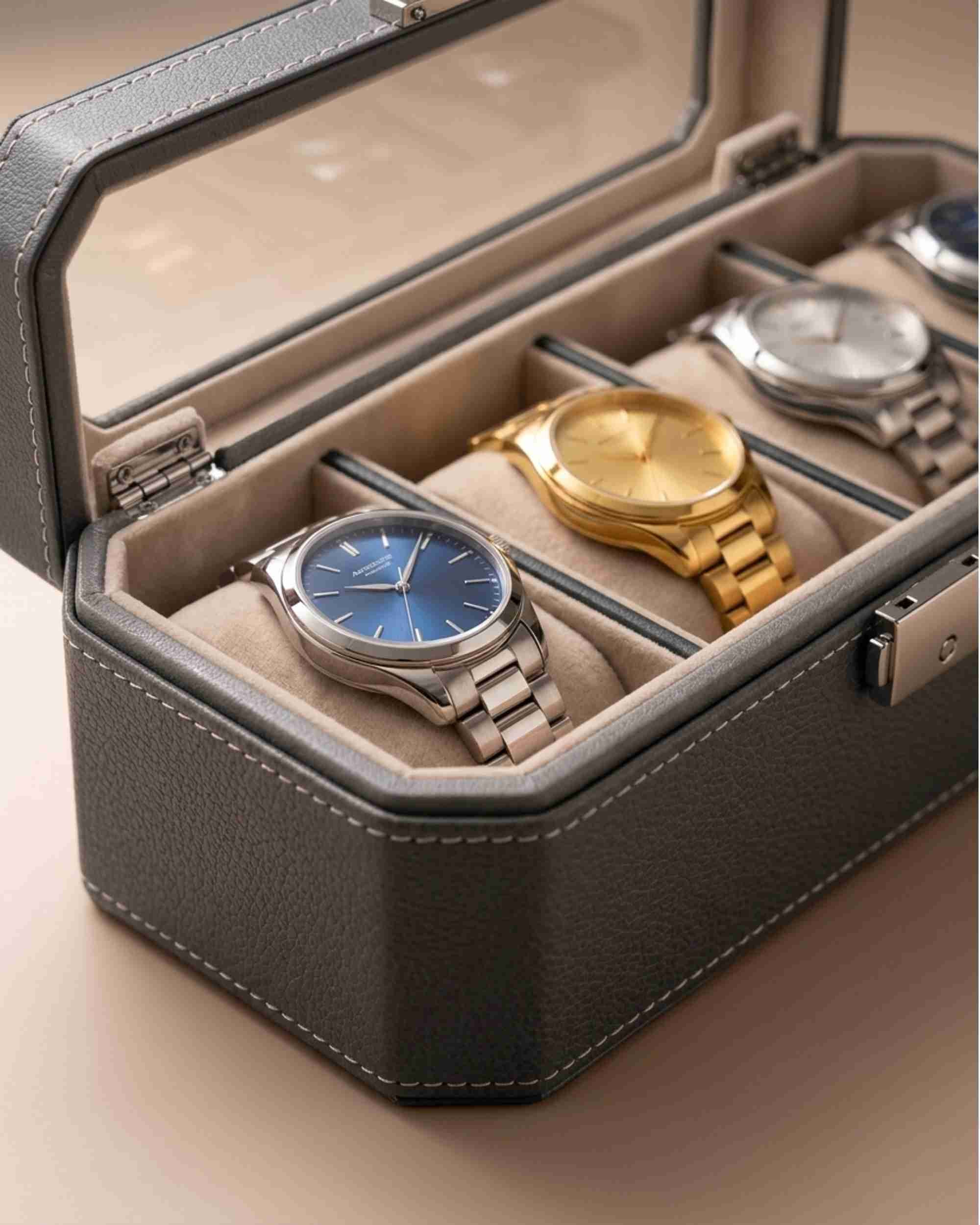Premsons® Classic Leather Watch Box – 4 Slot Storage Organizer with Clear Top, Velvet Cushions & Secure Closure