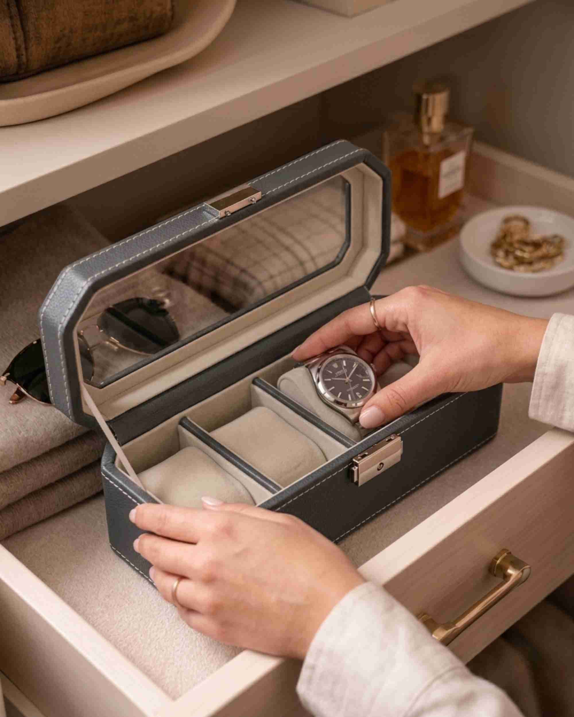 Premsons® Classic Leather Watch Box – 4 Slot Storage Organizer with Clear Top, Velvet Cushions & Secure Closure