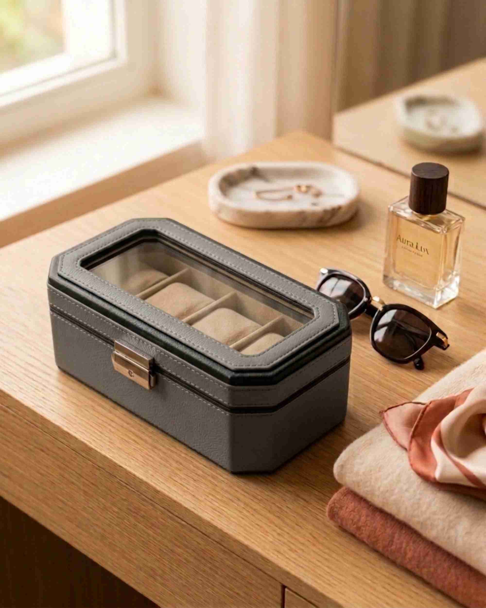 Premsons® Classic Leather Watch Box – 4 Slot Storage Organizer with Clear Top, Velvet Cushions & Secure Closure