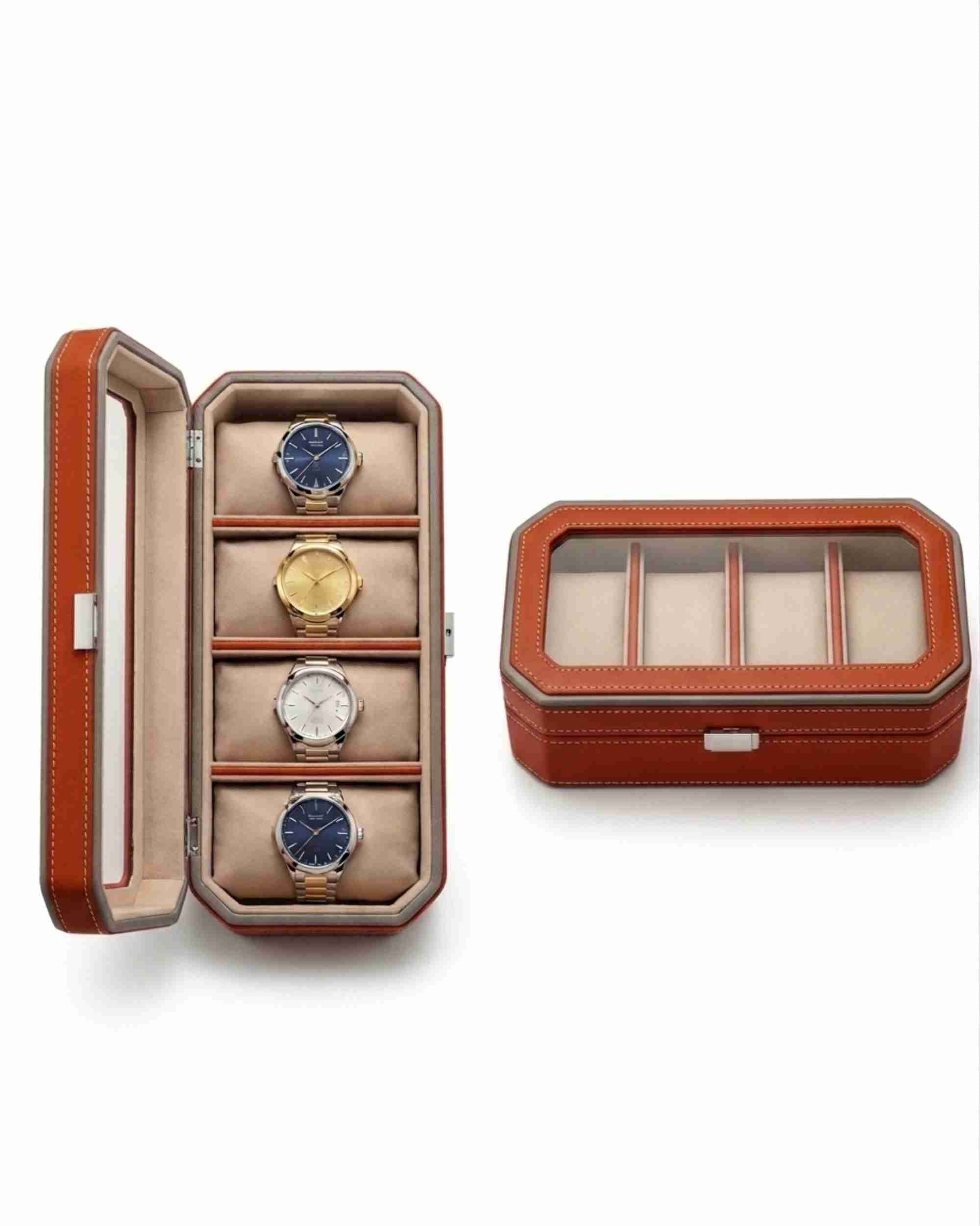 Premsons® Classic Leather Watch Box – 4 Slot Storage Organizer with Clear Top, Velvet Cushions & Secure Closure