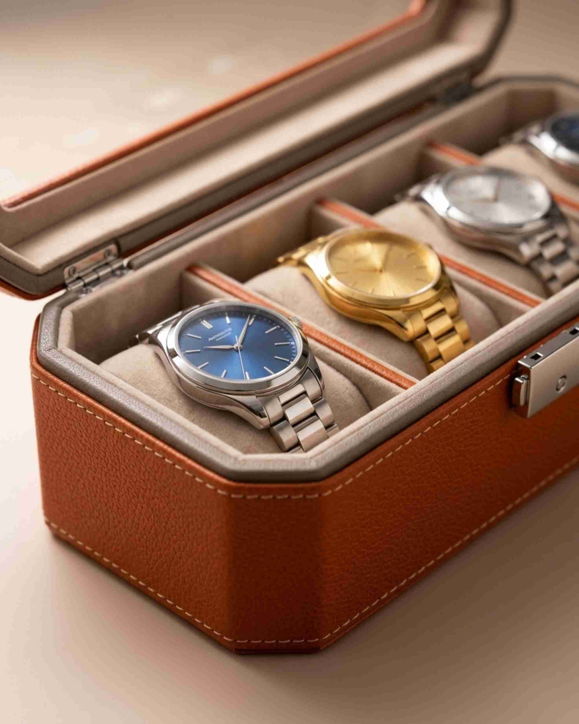 Premsons® Classic Leather Watch Box – 4 Slot Storage Organizer with Clear Top, Velvet Cushions & Secure Closure