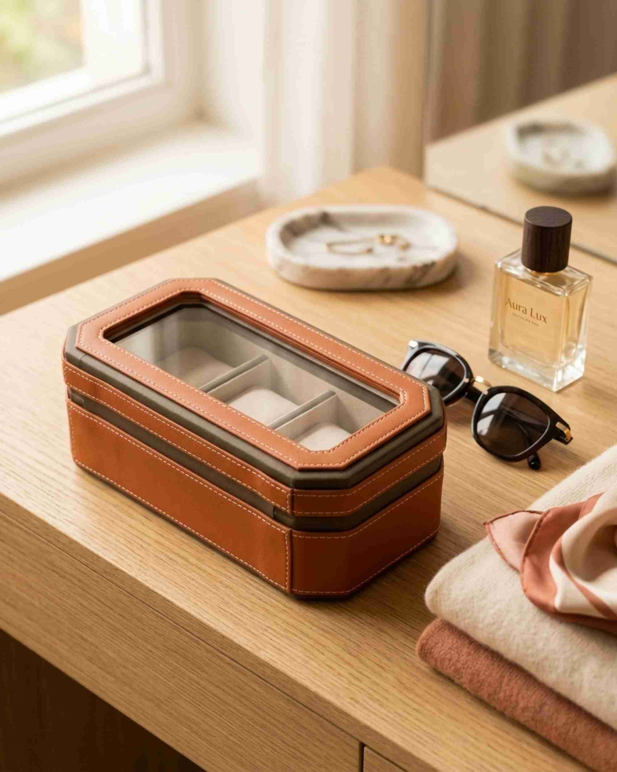 Premsons® Classic Leather Watch Box – 4 Slot Storage Organizer with Clear Top, Velvet Cushions & Secure Closure