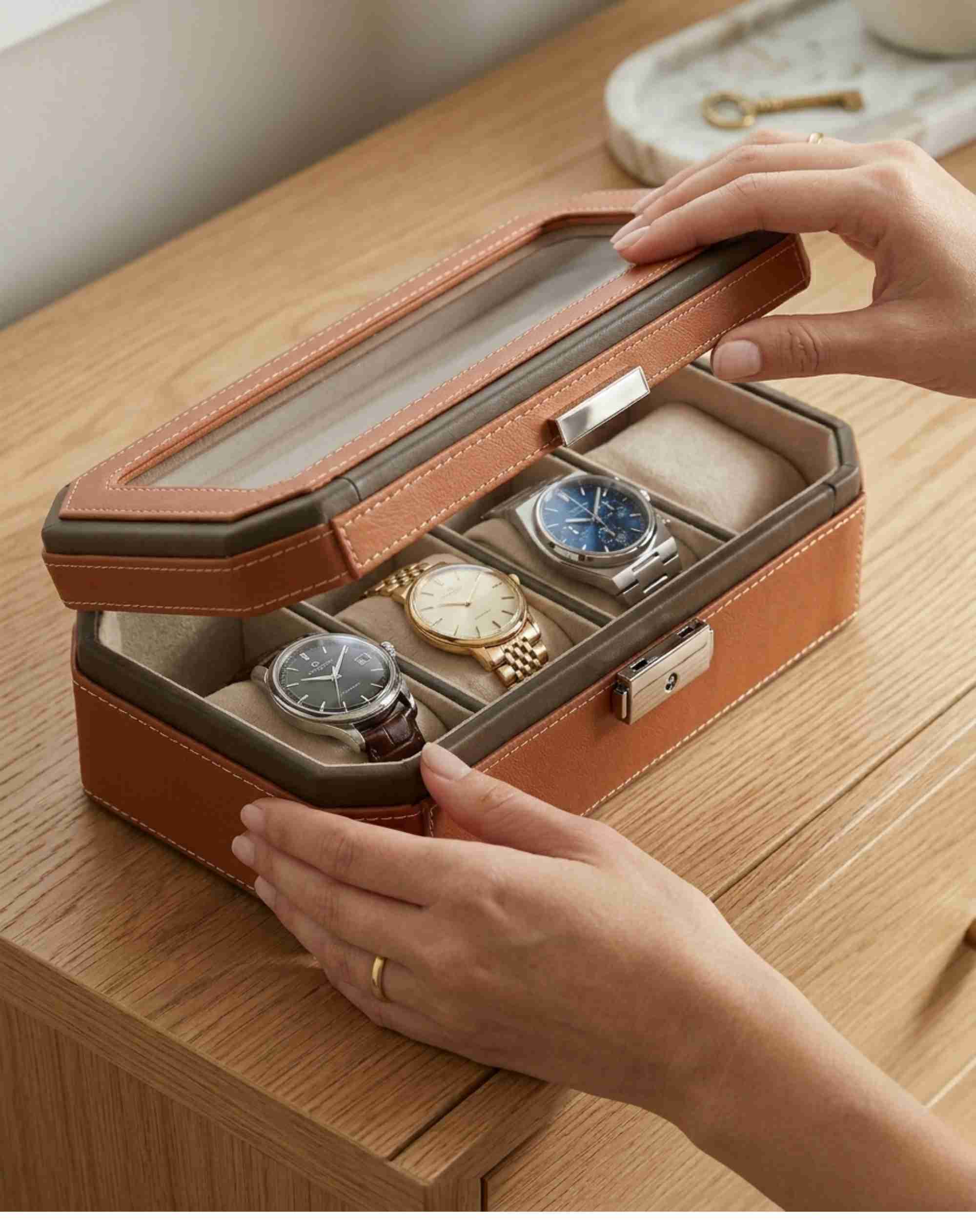 Premsons® Classic Leather Watch Box – 4 Slot Storage Organizer with Clear Top, Velvet Cushions & Secure Closure