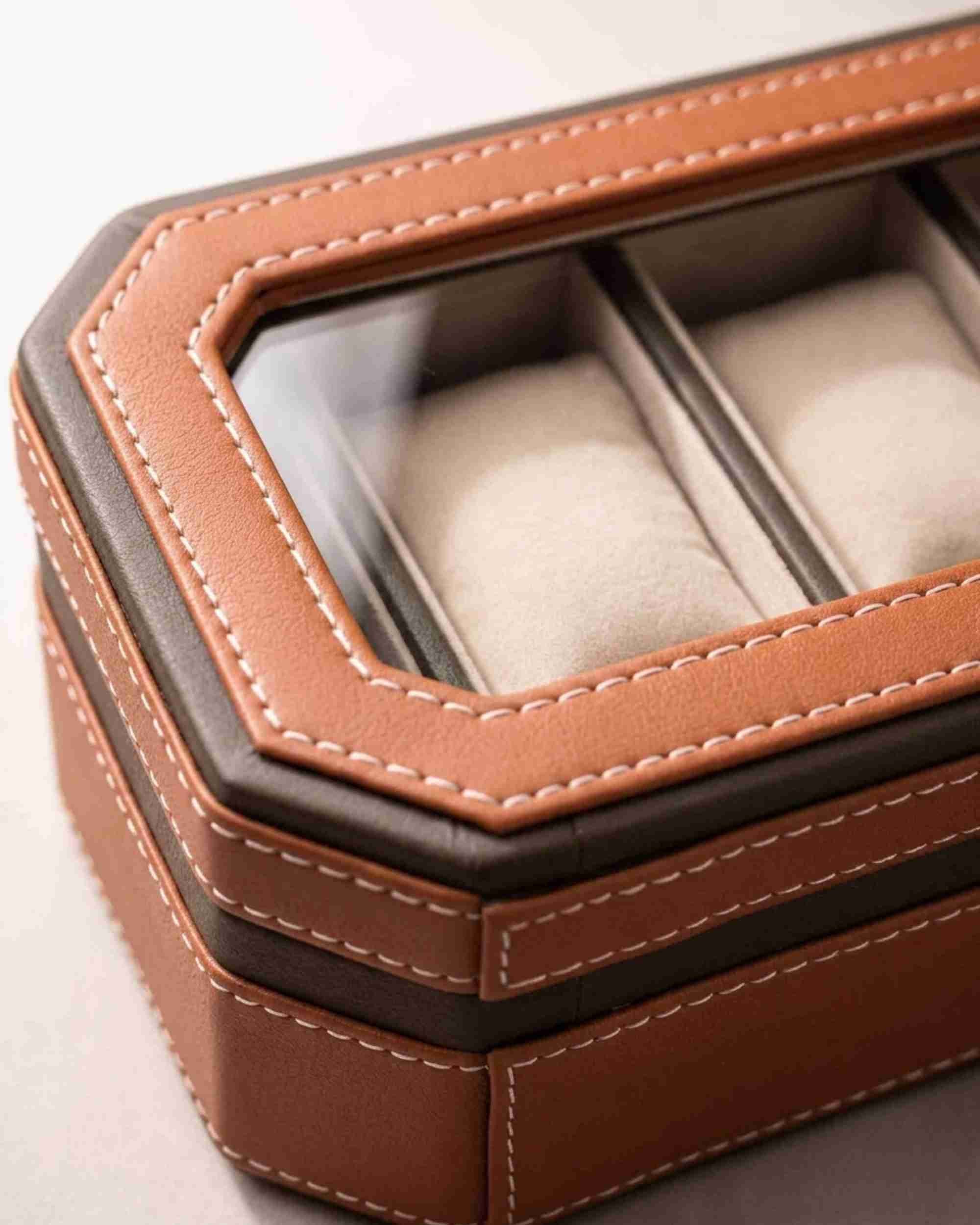 Premsons® Classic Leather Watch Box – 4 Slot Storage Organizer with Clear Top, Velvet Cushions & Secure Closure