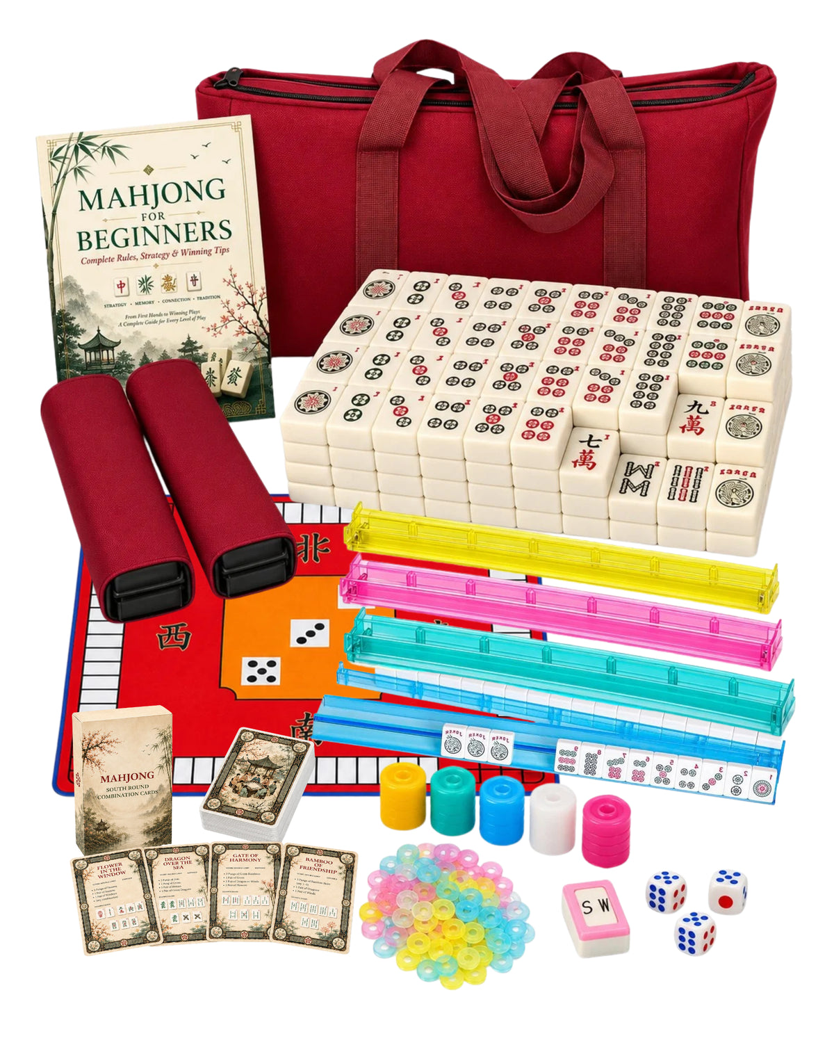 Premsons® American Mahjong Set with Red Mat & Carry Bag  – Full Game Kit with Tiles, Racks, Pushers, Dice & Beginner Instruction Guide – White