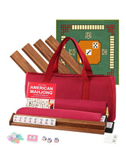 American mahjong set with maroon carry bag and green playing mat