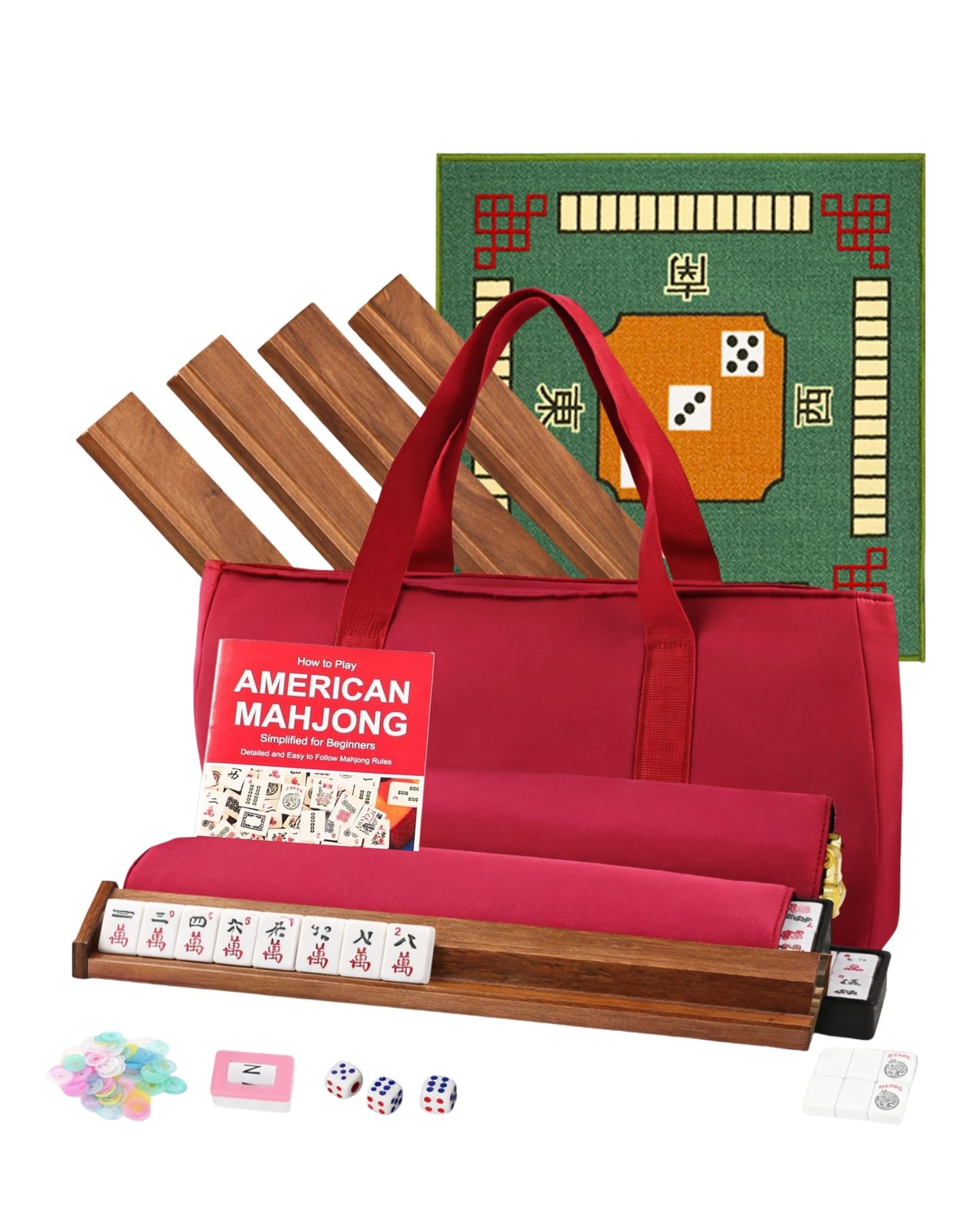 American mahjong set with maroon carry bag and green playing mat
