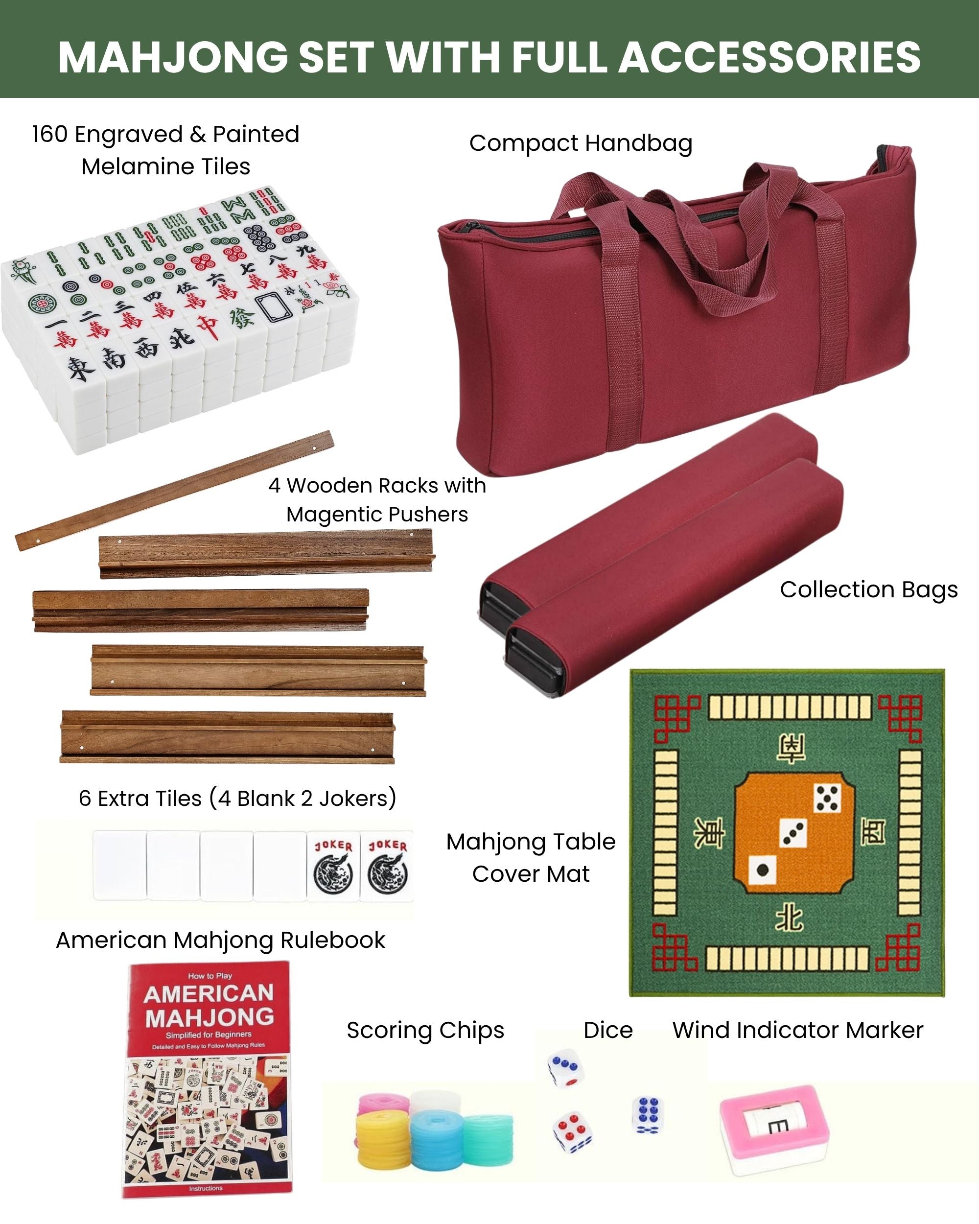 Mahjong set kit with maroon carry bag, wooden racks, tiles, dice, and rulebook