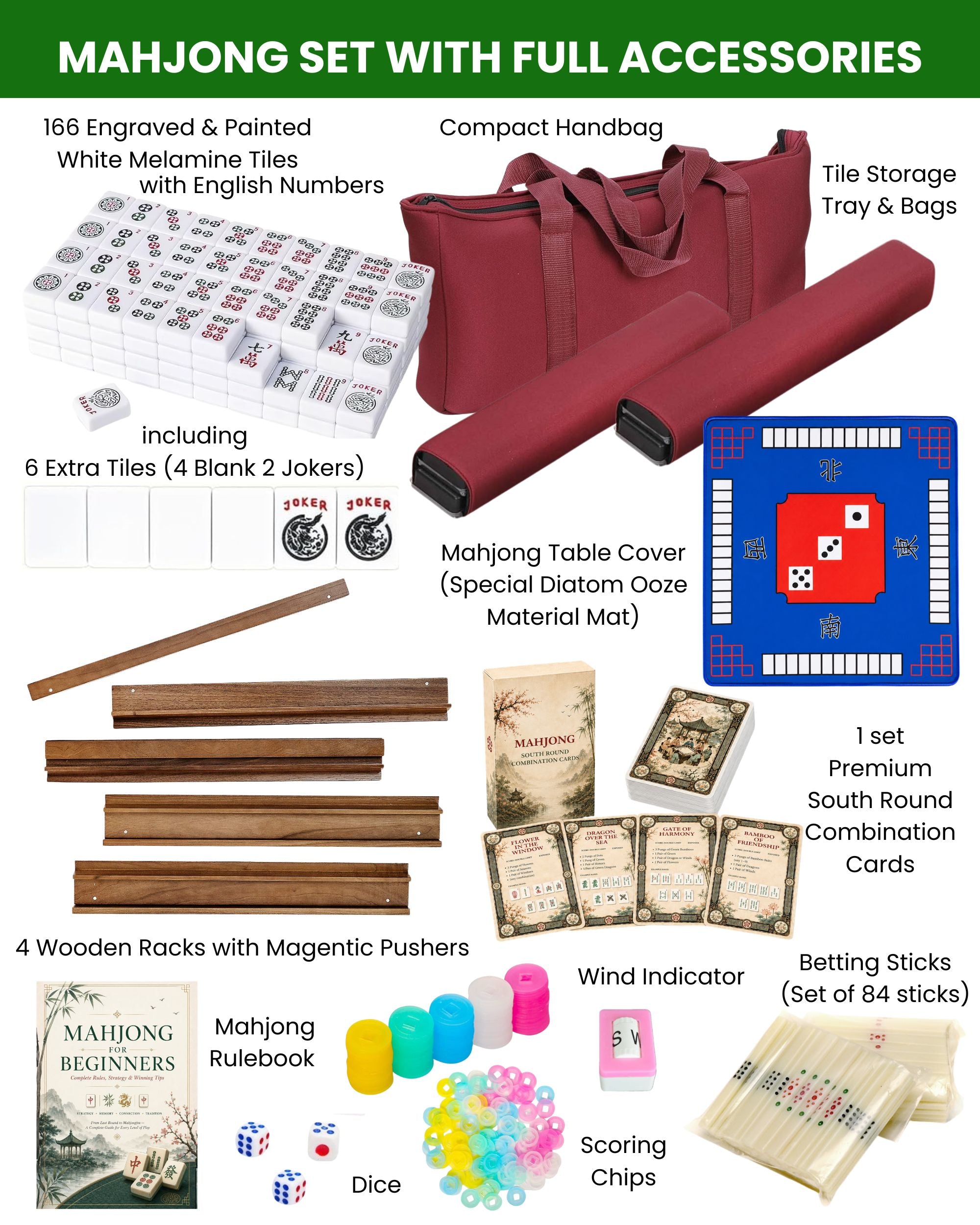 Premsons® American Mahjong Set with 166 White Melamine Tiles with Blue Mat