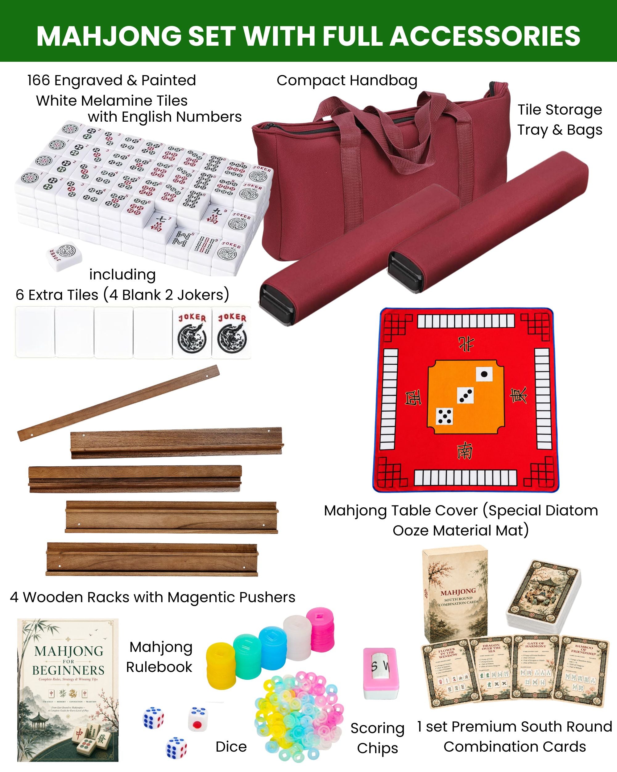 Mahjong set with red mat and carrying bag, including tiles, racks, dice, and chips