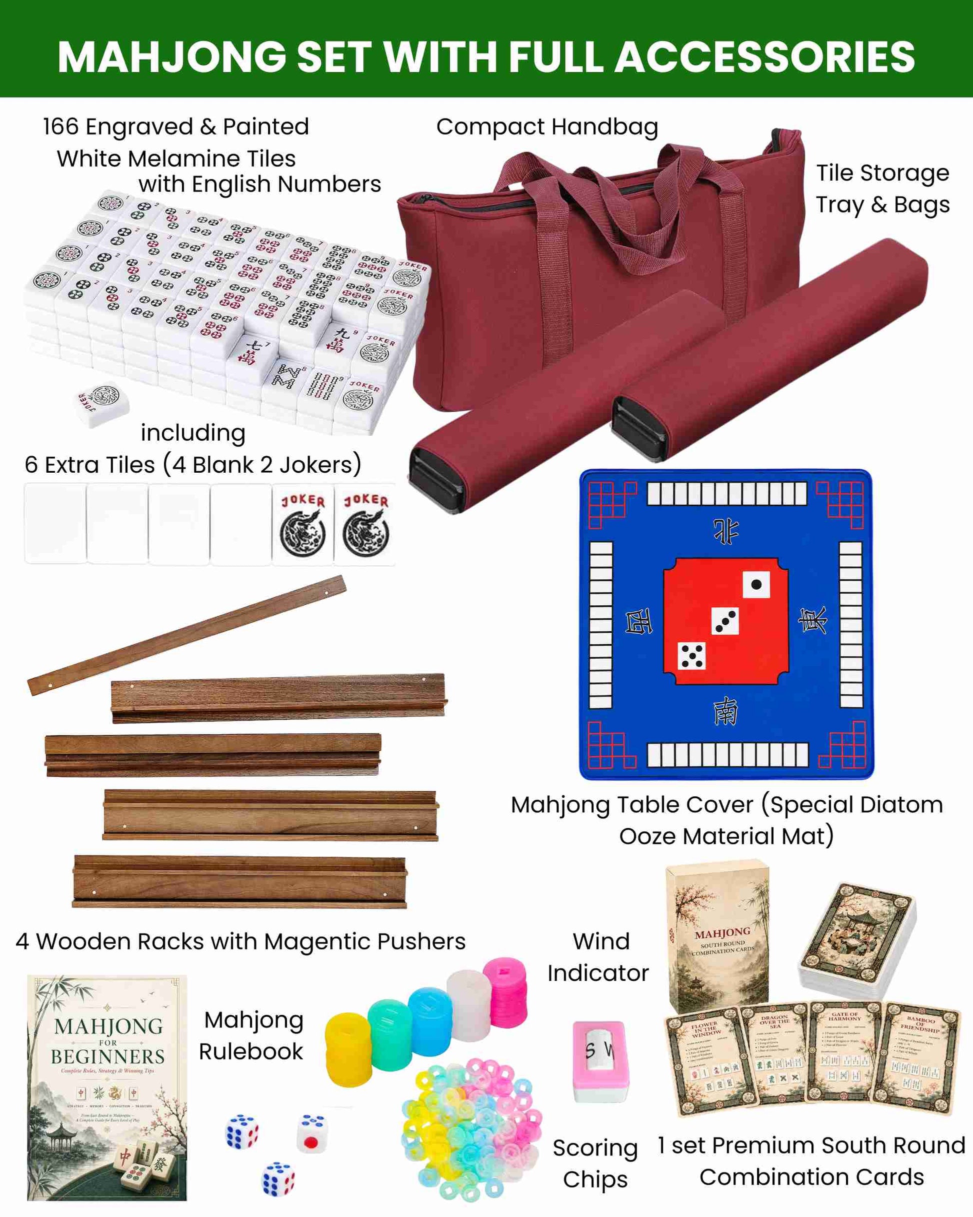 American mahjong set with tile mat, engraved white tiles, burgundy storage bag, wooden racks