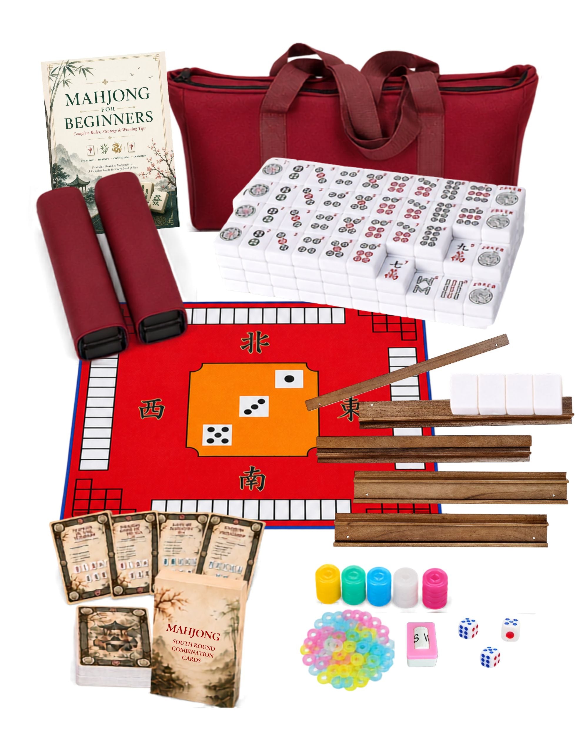 Premsons® American Mahjong Set with Red Mat & Carry Bag  – Full Game Kit with Tiles, Racks, Pushers, Dice & Beginner Instruction Guide – White