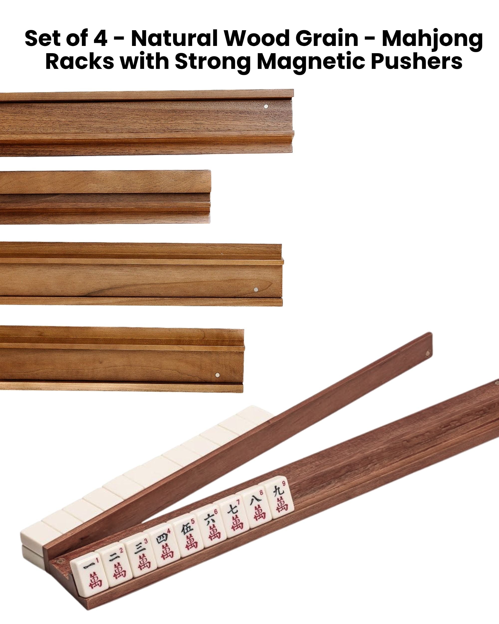 Mahjong tile rack set with magnetic pushers and built-in brown wood rails