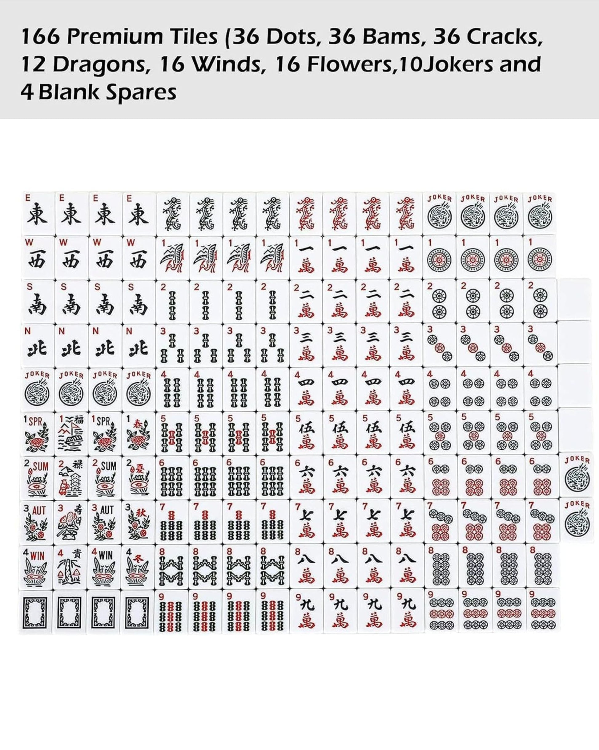 Sheet of assorted white mahjong tiles with red and black printed symbols